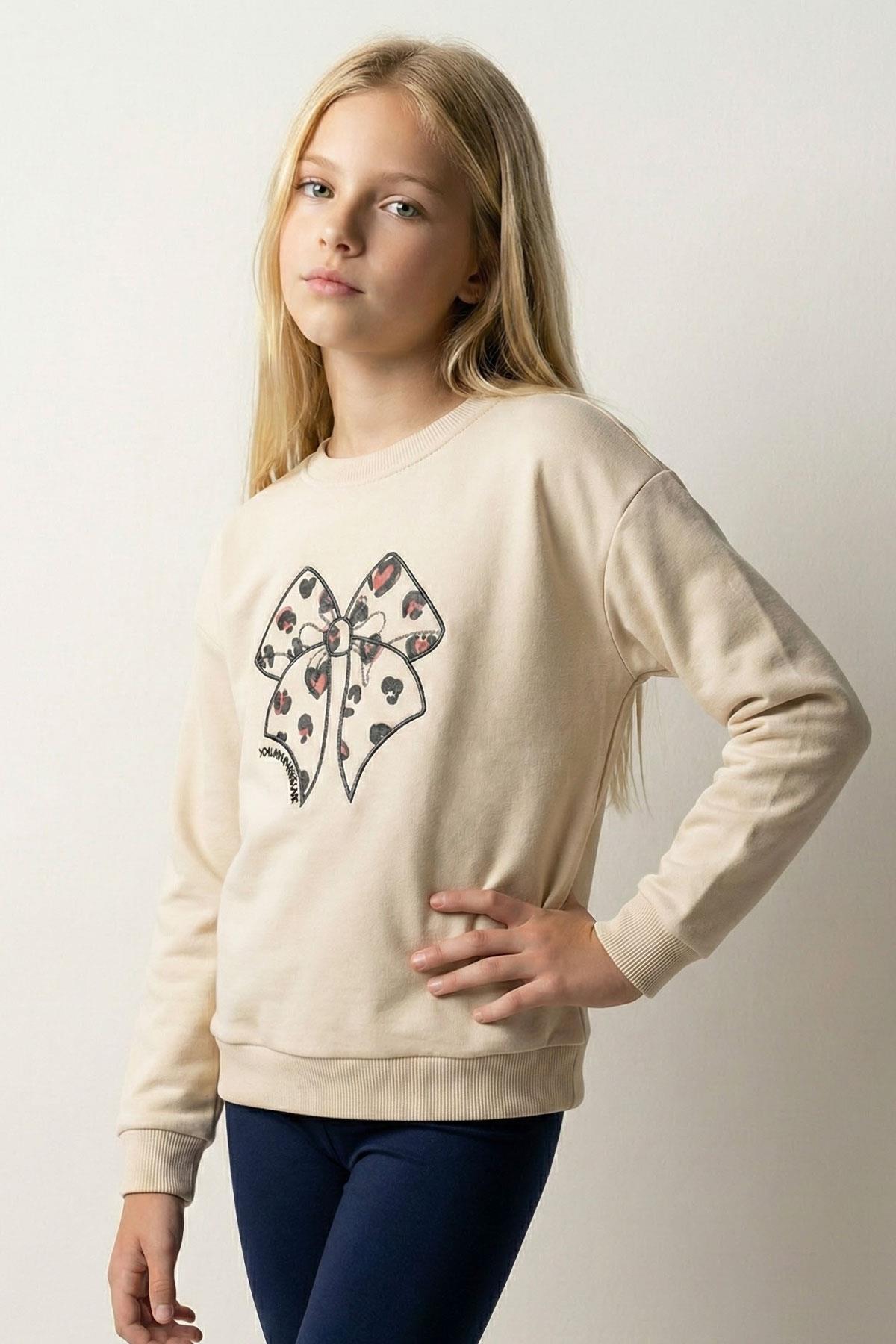 Breeze Kız Çocuk Sweatshirt Fiyonk Baskı Nakışlı Yazılı Krem (6-12 Yaş)