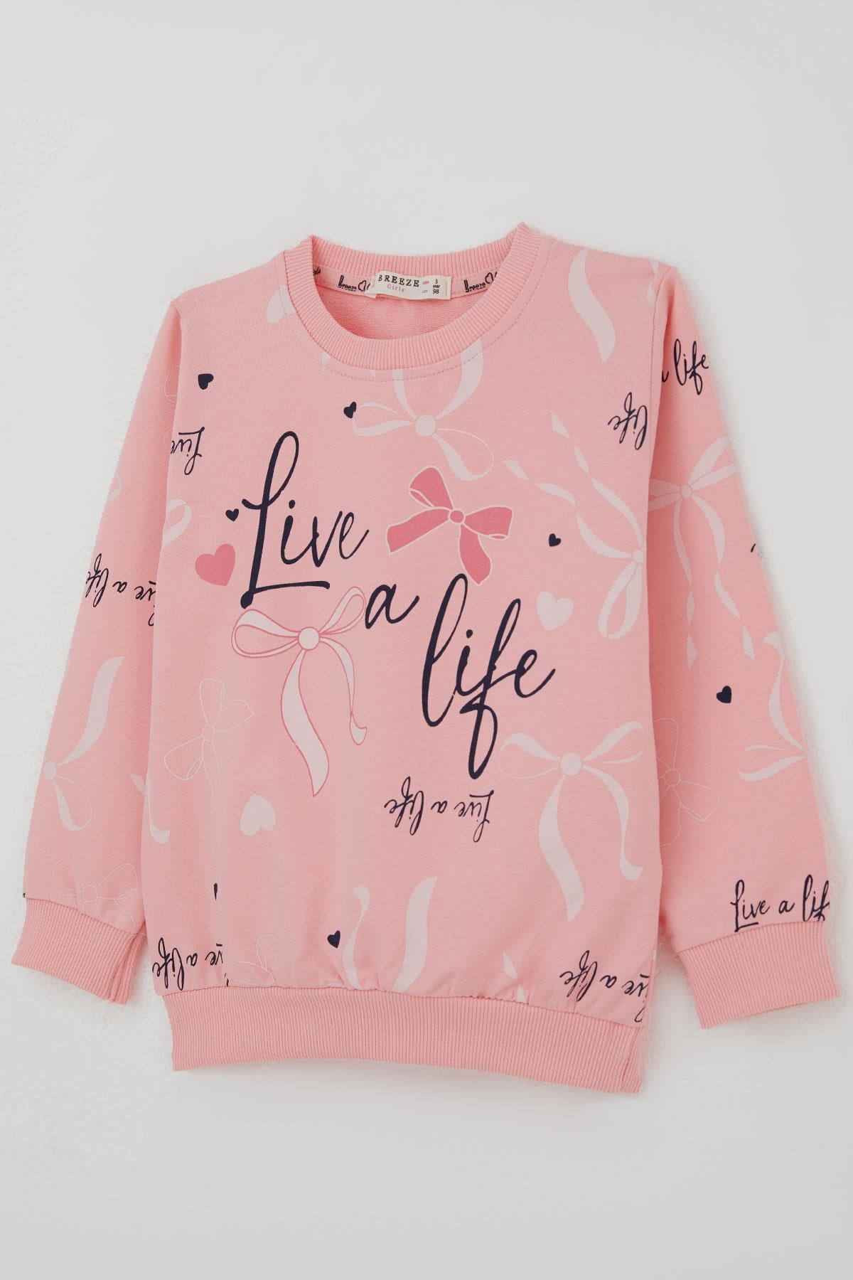 Breeze Kız Çocuk Sweatshirt Fiyonk & Kalp Baskılı Pembe (3-8 Yaş)