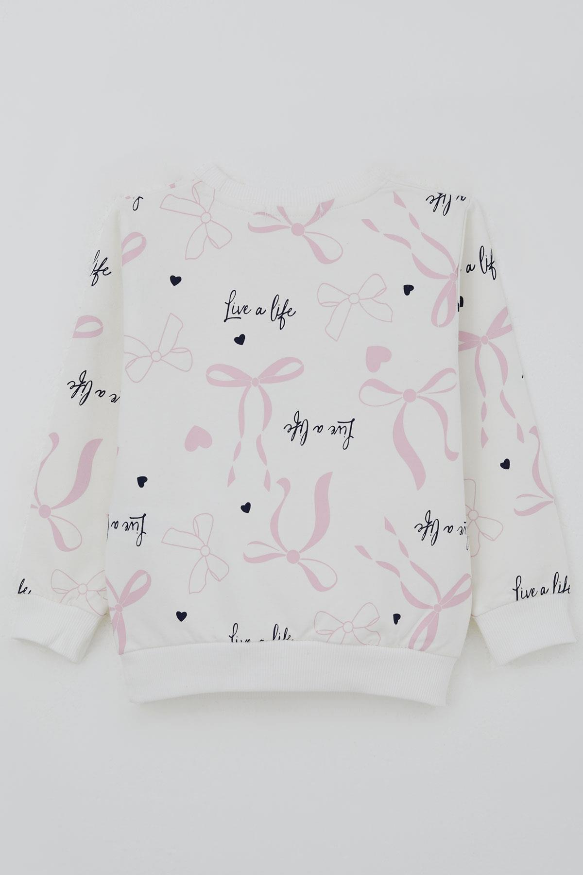Breeze Kız Çocuk Sweatshirt Fiyonk & Kalp Baskılı Ekru (3 Yaş)