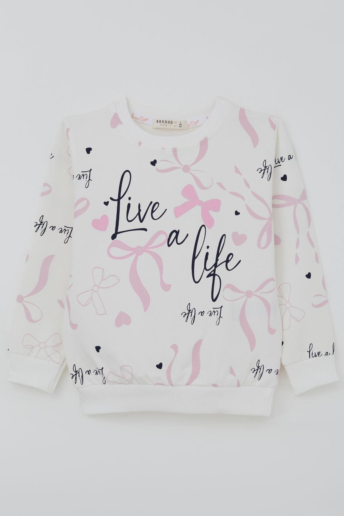 Breeze Kız Çocuk Sweatshirt Fiyonk & Kalp Baskılı Ekru (3 Yaş)
