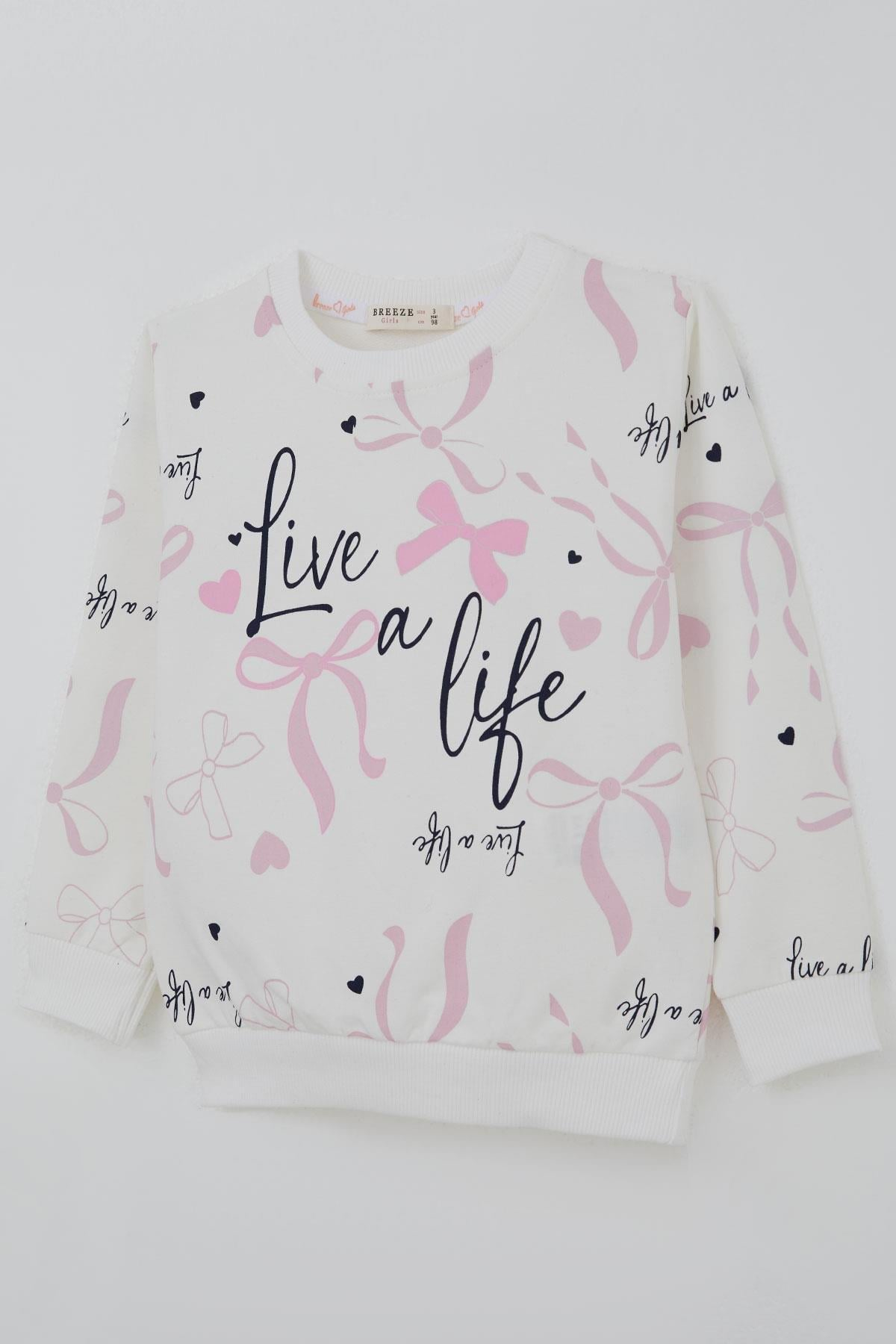 Breeze Kız Çocuk Sweatshirt Fiyonk & Kalp Baskılı Ekru (3 Yaş)