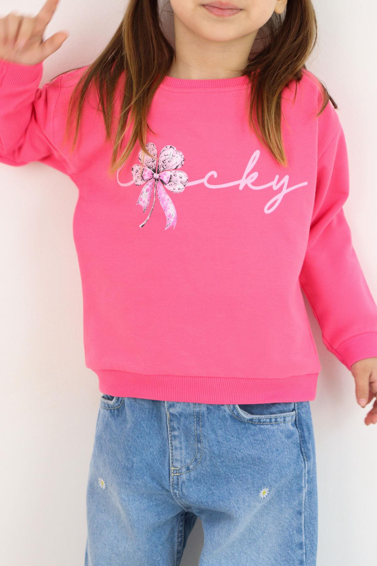 Breeze Kız Çocuk Sweatshirt Fiyonklu Çiçek Baskılı Pembe (2-5 Yaş)