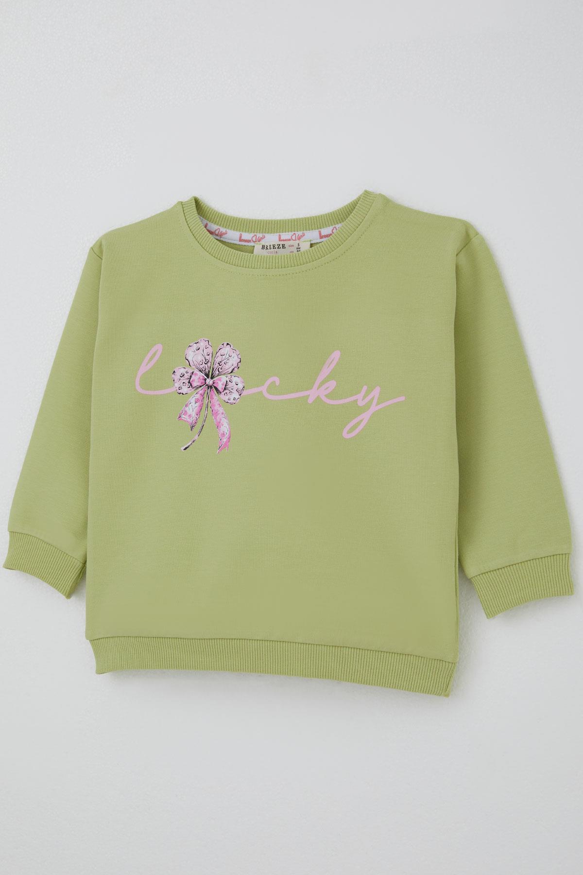 Breeze Kız Çocuk Sweatshirt Fiyonklu Çiçek Baskılı Fıstık Yeşili (2-6 Yaş)