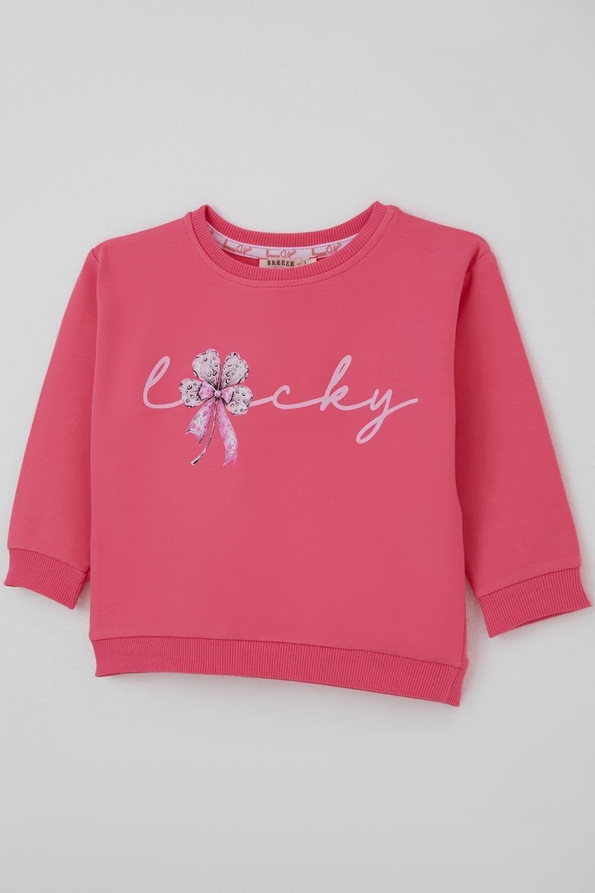 Breeze Kız Çocuk Sweatshirt Fiyonklu Çiçek Baskılı Pembe (2-5 Yaş)
