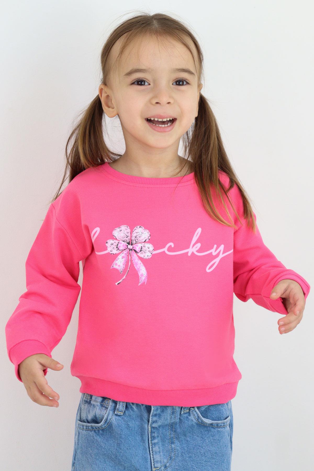 Breeze Kız Çocuk Sweatshirt Fiyonklu Çiçek Baskılı Pembe (2-5 Yaş)