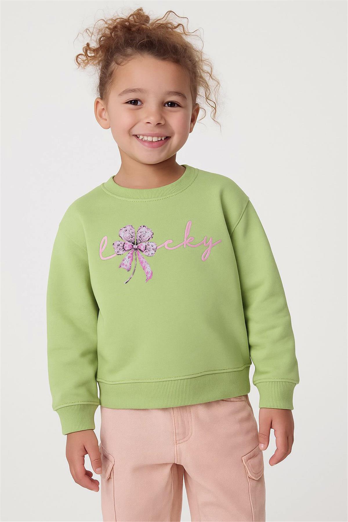 Breeze Kız Çocuk Sweatshirt Fiyonklu Çiçek Baskılı Fıstık Yeşili (2-6 Yaş)