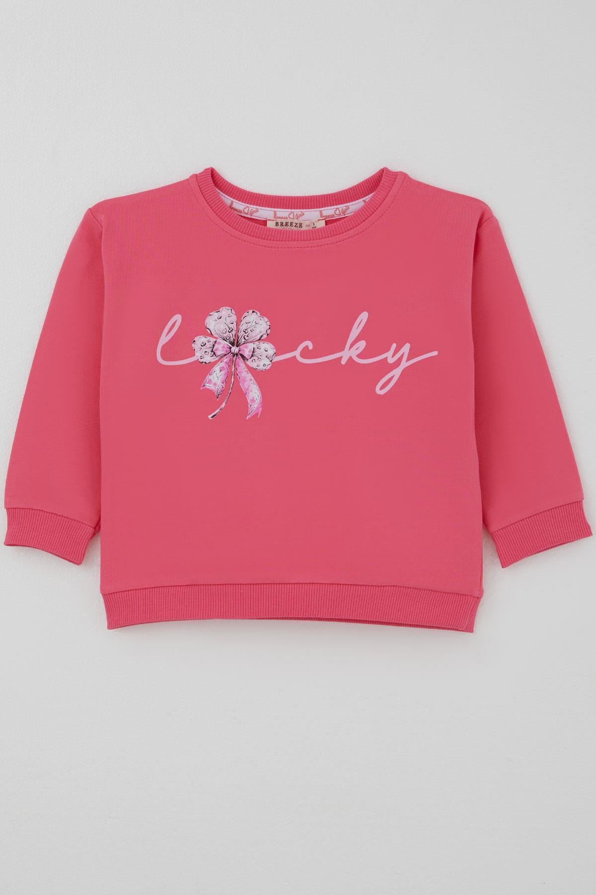 Breeze Kız Çocuk Sweatshirt Fiyonklu Çiçek Baskılı Pembe (2-5 Yaş)