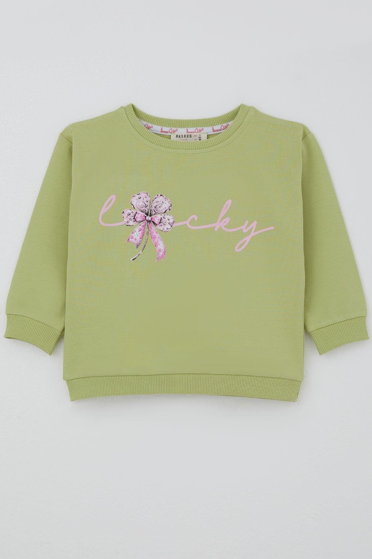 Breeze Kız Çocuk Sweatshirt Fiyonklu Çiçek Baskılı Fıstık Yeşili (2-6 Yaş)