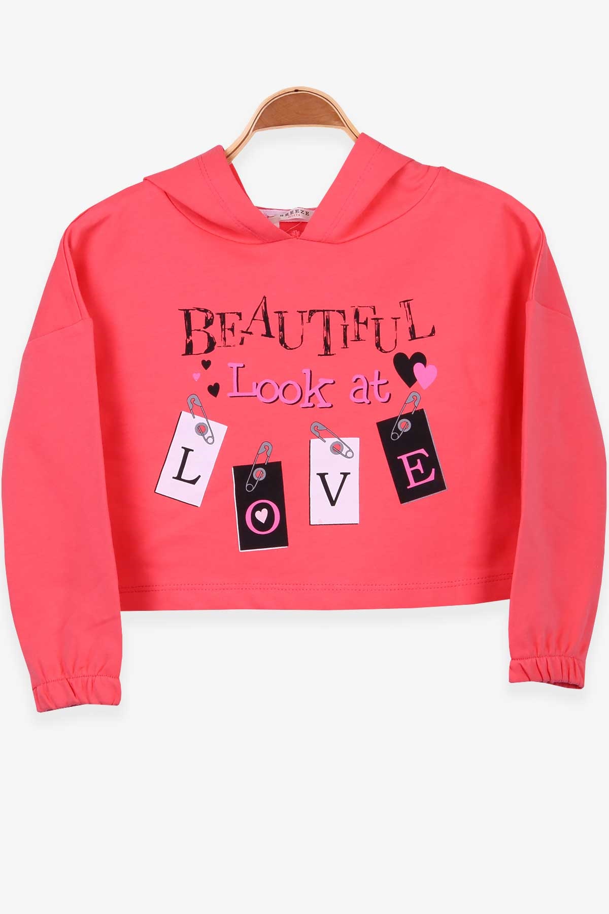 Breeze Kız Çocuk Sweatshirt Göbek Üstü Baskılı Mercan (4-8 Yaş)