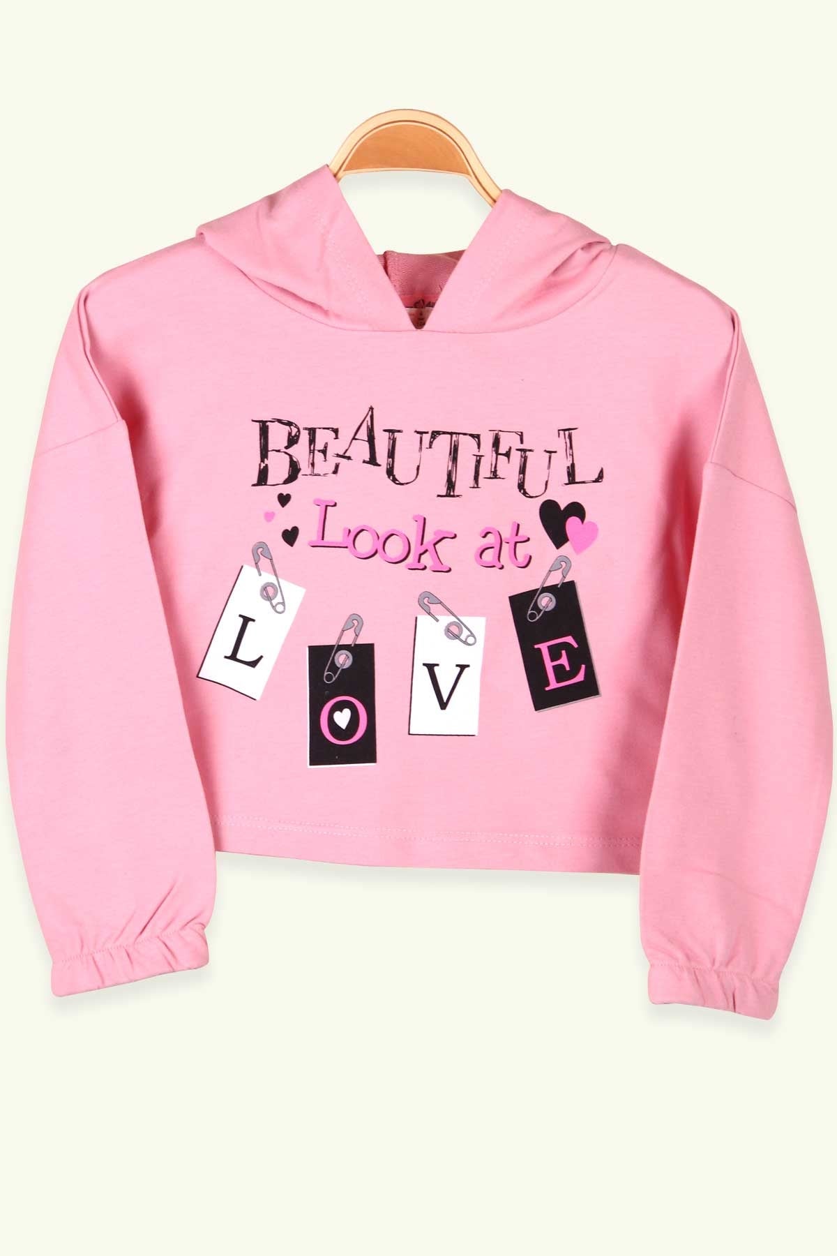 Breeze Kız Çocuk Sweatshirt Göbek Üstü Baskılı Pudra (4-8 Yaş)