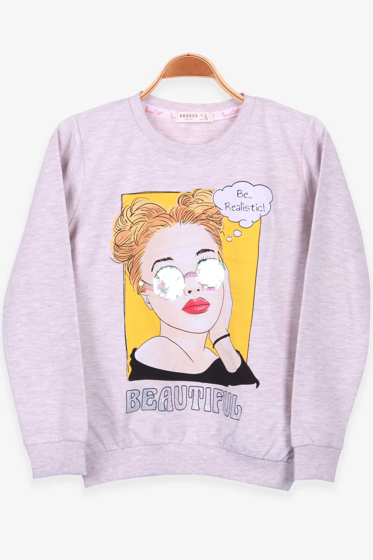 Breeze Kız Çocuk Sweatshirt Gözlüklü Kız Baskılı Bej Melanj (6-12 Yaş)