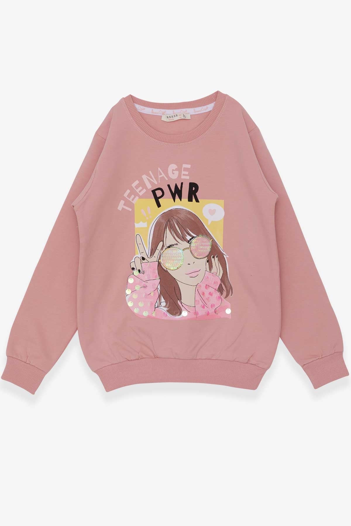 Breeze Kız Çocuk Sweatshirt Gözlüklü Pullu Kız Baskılı Gülkurusu (6-12 Yaş)