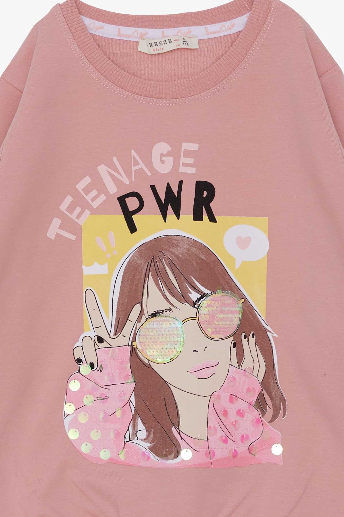 Breeze Kız Çocuk Sweatshirt Gözlüklü Pullu Kız Baskılı Gülkurusu (6-12 Yaş)