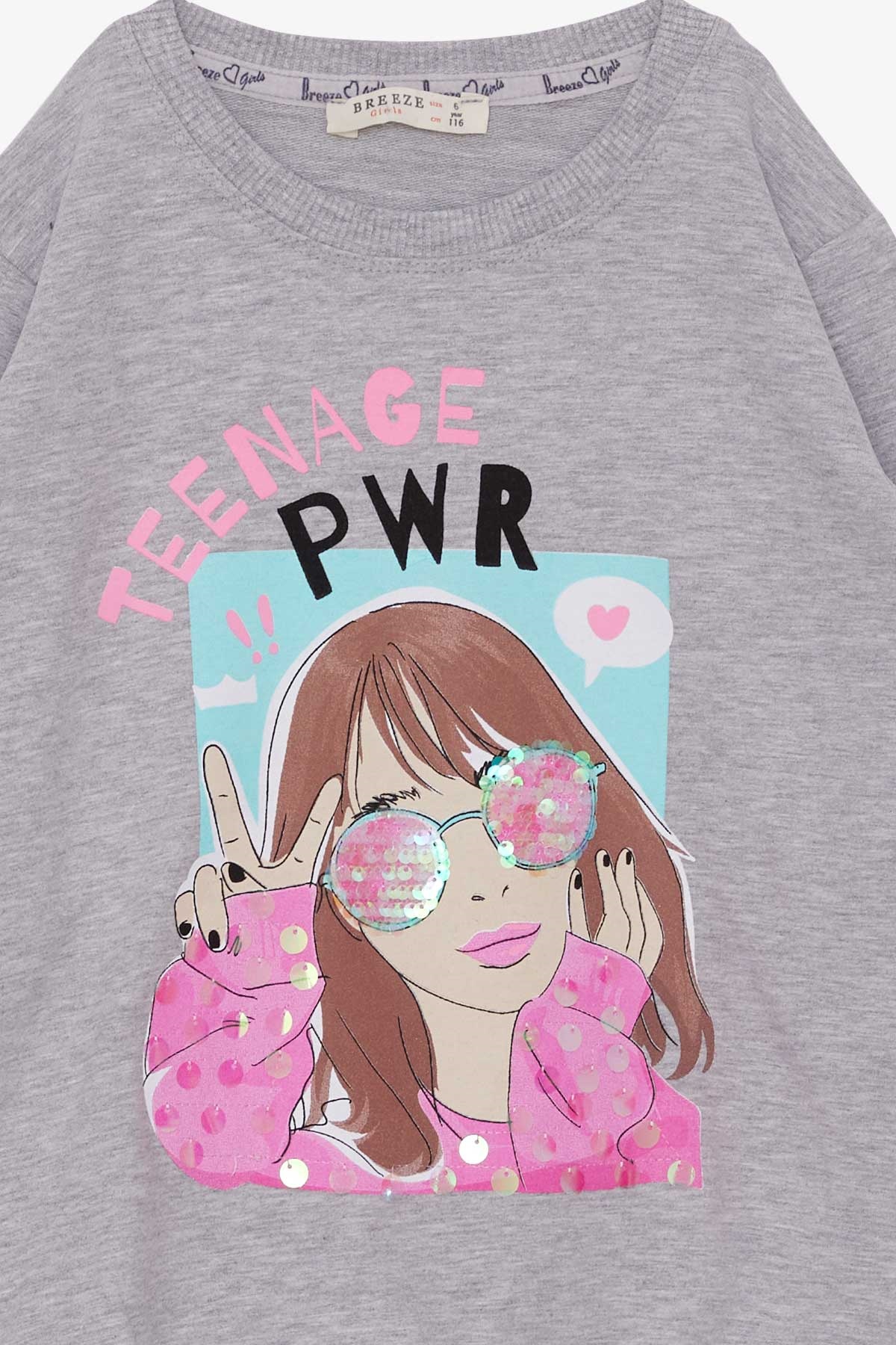 Breeze Kız Çocuk Sweatshirt Gözlüklü Pullu Kız Baskılı Gri Melanj (6-12 Yaş)