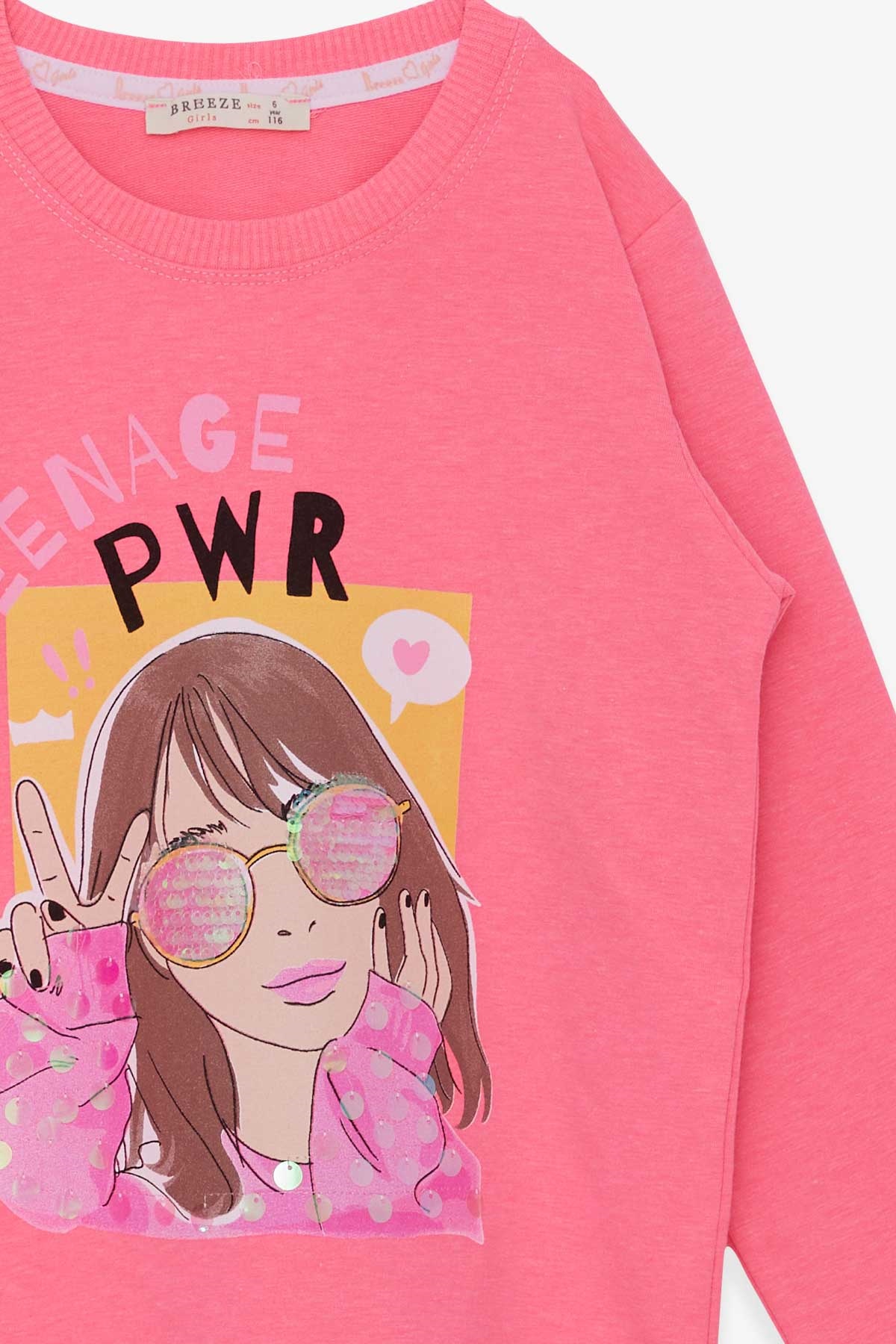 Breeze Kız Çocuk Sweatshirt Gözlüklü Pullu Kız Baskılı Neon Pembe (6-12 Yaş)