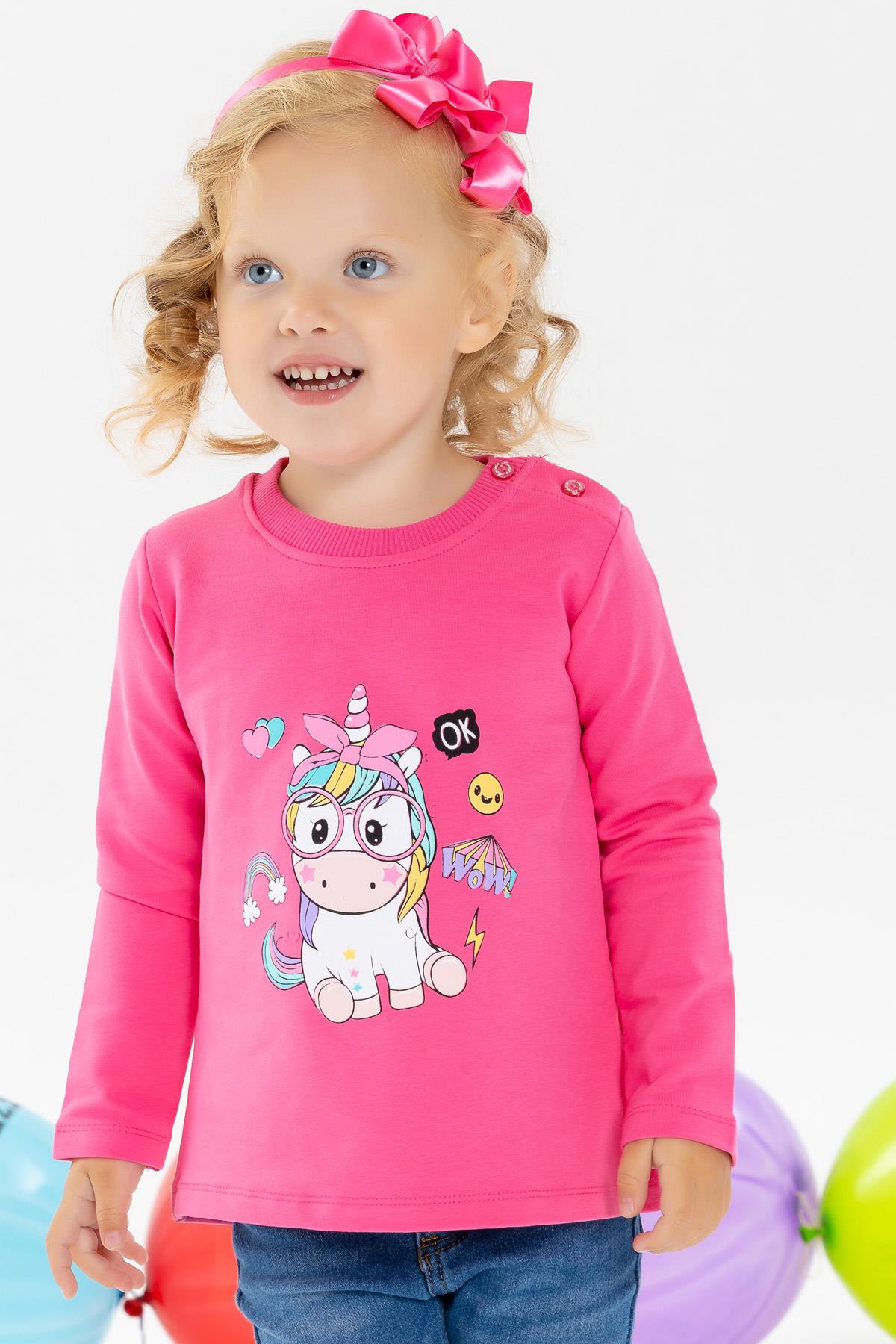 Breeze Kız Çocuk Sweatshirt Gözlüklü Unicorn Baskılı Pembe (3 Yaş)