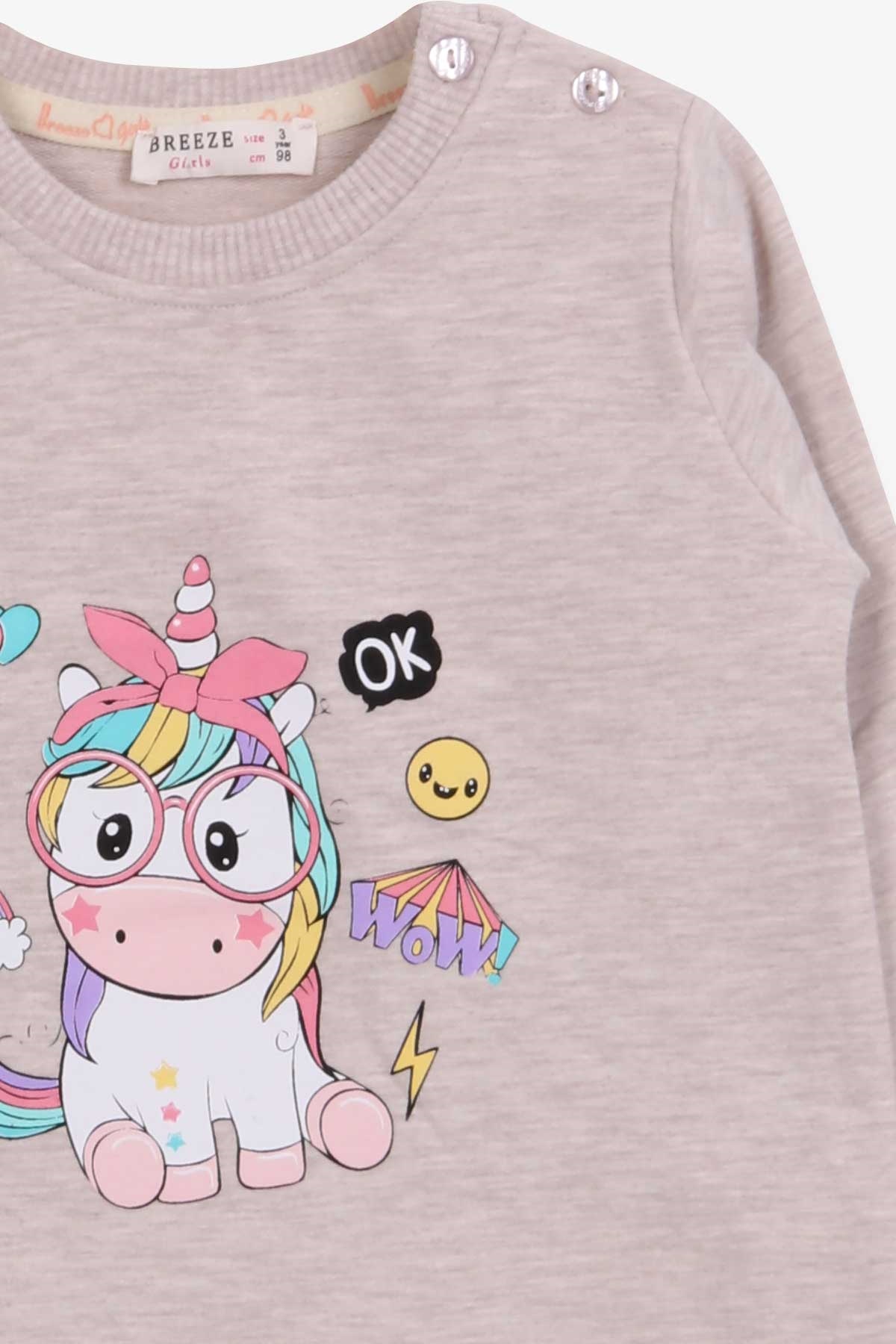 Breeze Kız Çocuk Sweatshirt Gözlüklü Unicorn Baskılı Bej Melanj (1-3 Yaş)