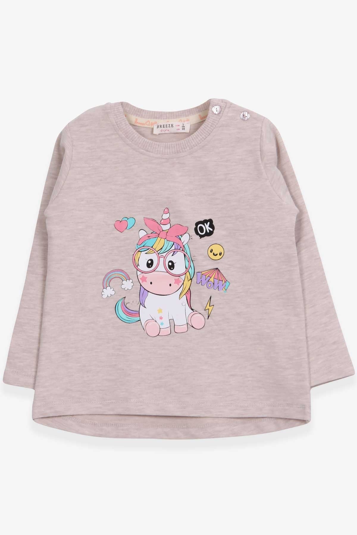 Breeze Kız Çocuk Sweatshirt Gözlüklü Unicorn Baskılı Bej Melanj (1-3 Yaş)