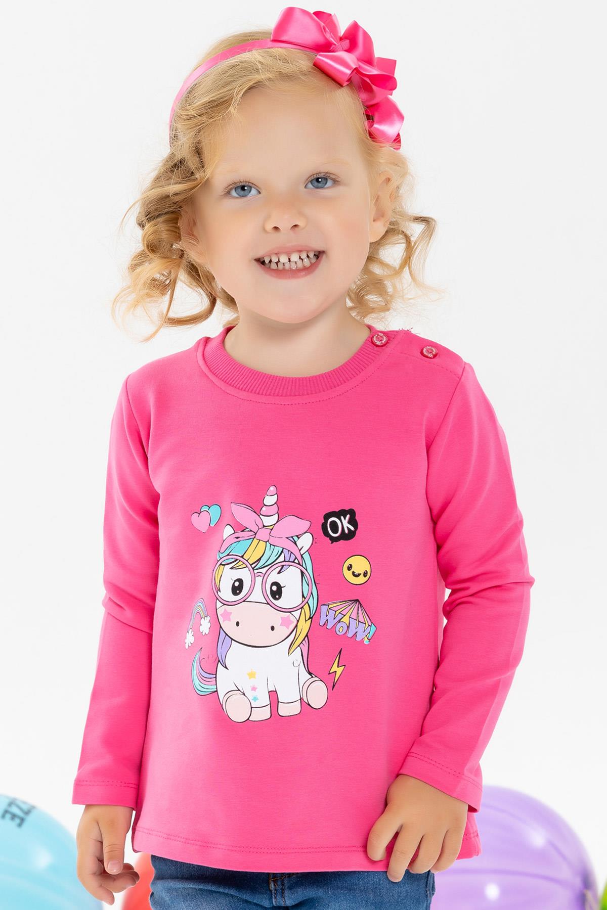 Breeze Kız Çocuk Sweatshirt Gözlüklü Unicorn Baskılı Pembe (3 Yaş)