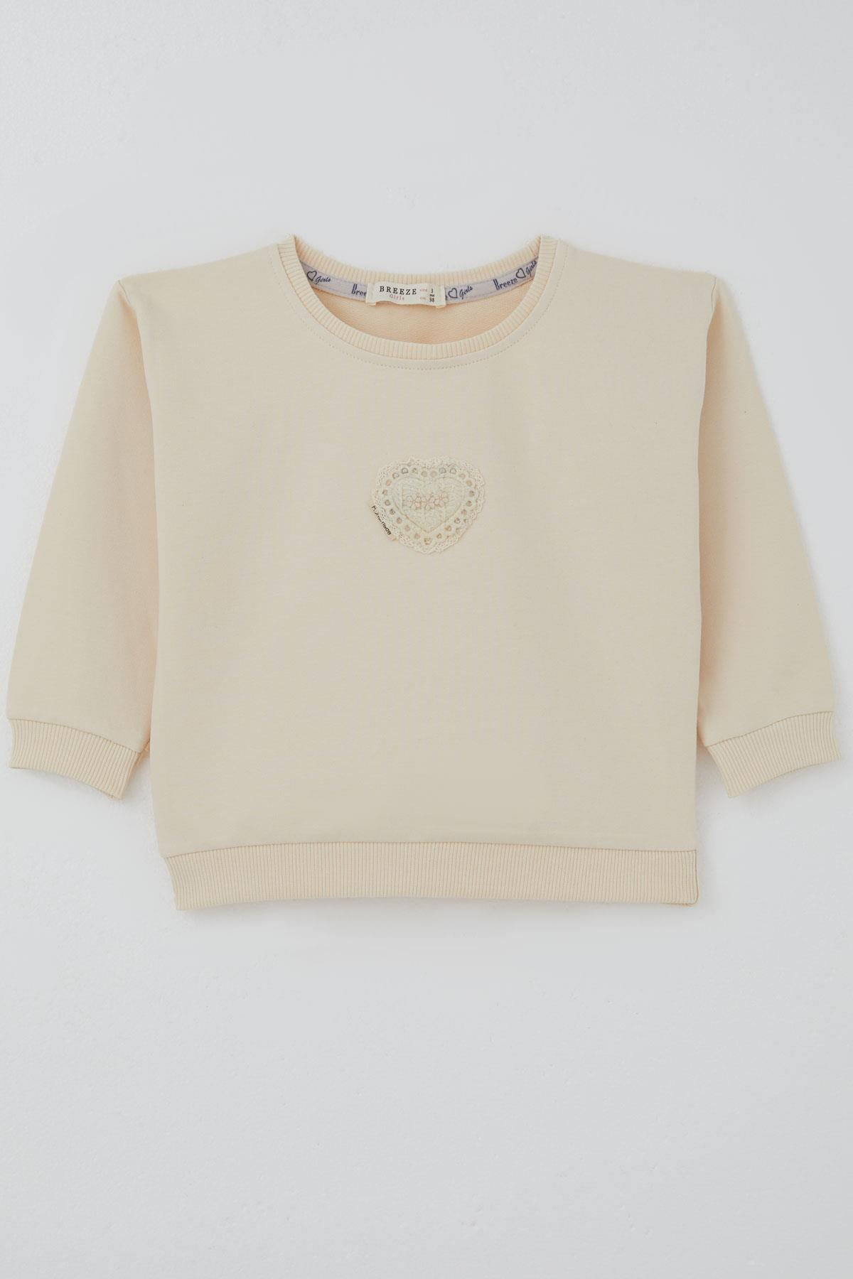 Breeze Kız Çocuk Sweatshirt Güpürlü Kalp Arma Detaylı Krem (2-6 Yaş)