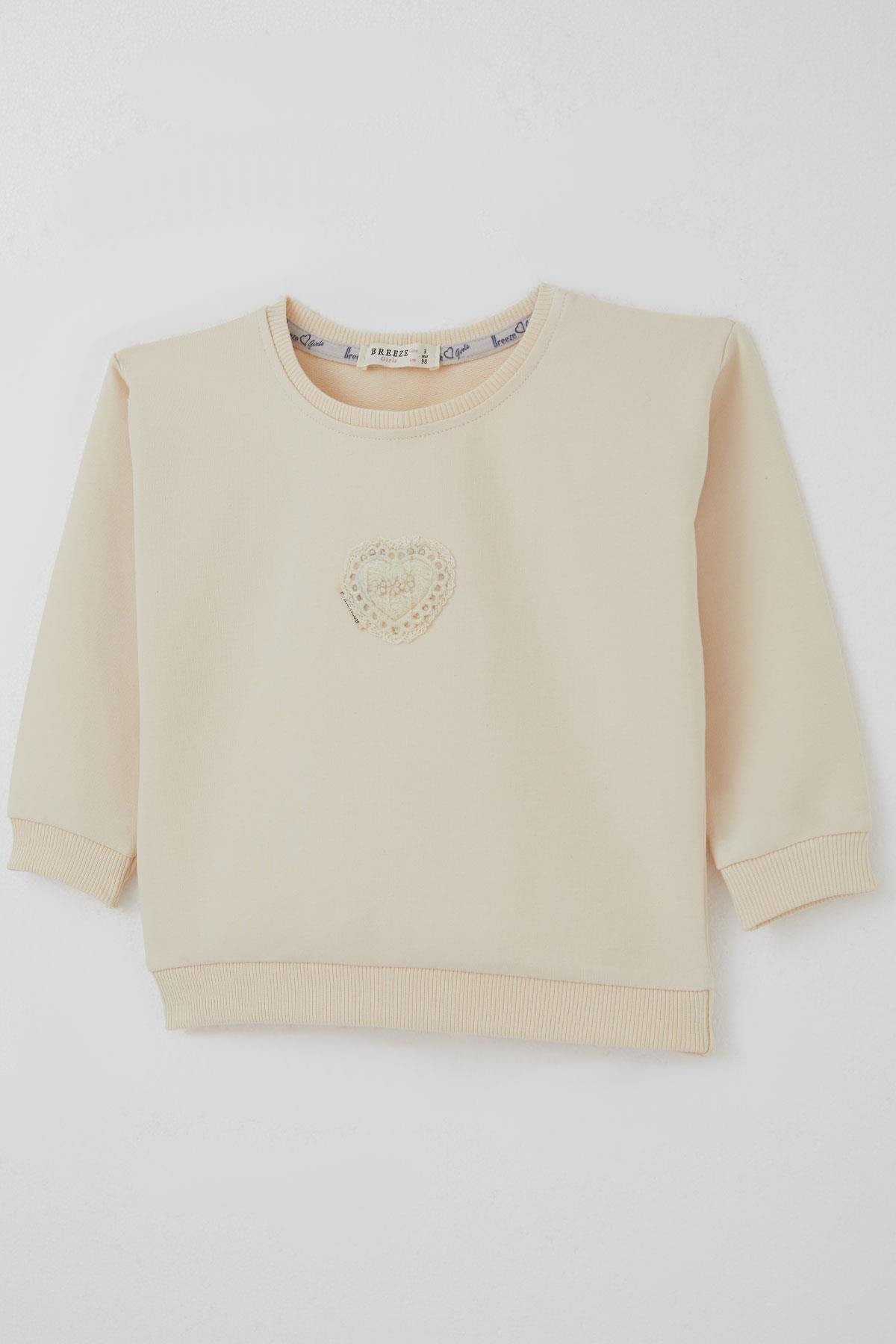Breeze Kız Çocuk Sweatshirt Güpürlü Kalp Arma Detaylı Krem (2-6 Yaş)