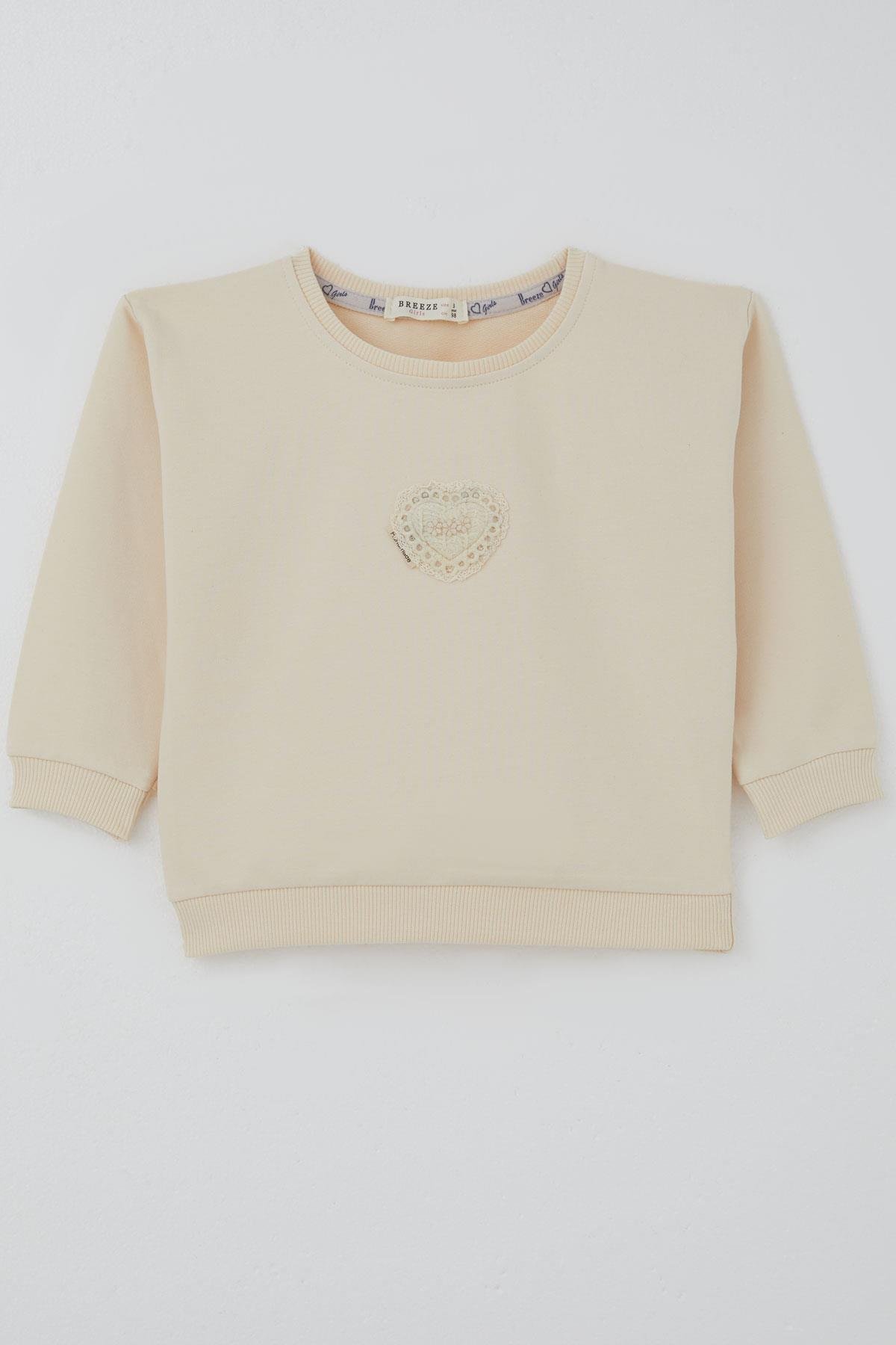 Breeze Kız Çocuk Sweatshirt Güpürlü Kalp Arma Detaylı Krem (2-6 Yaş)