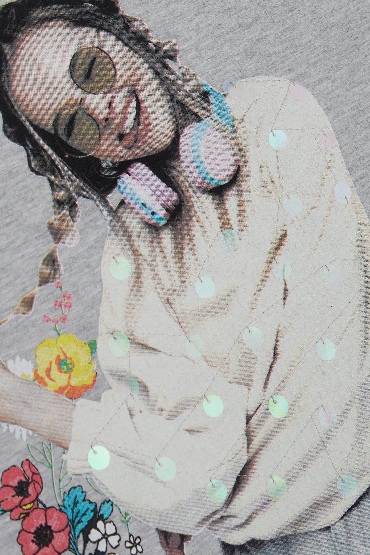Breeze Kız Çocuk Sweatshirt Harika Kız Yazı Baskılı Çiçekli Gri Melanj (9-14 Yaş)