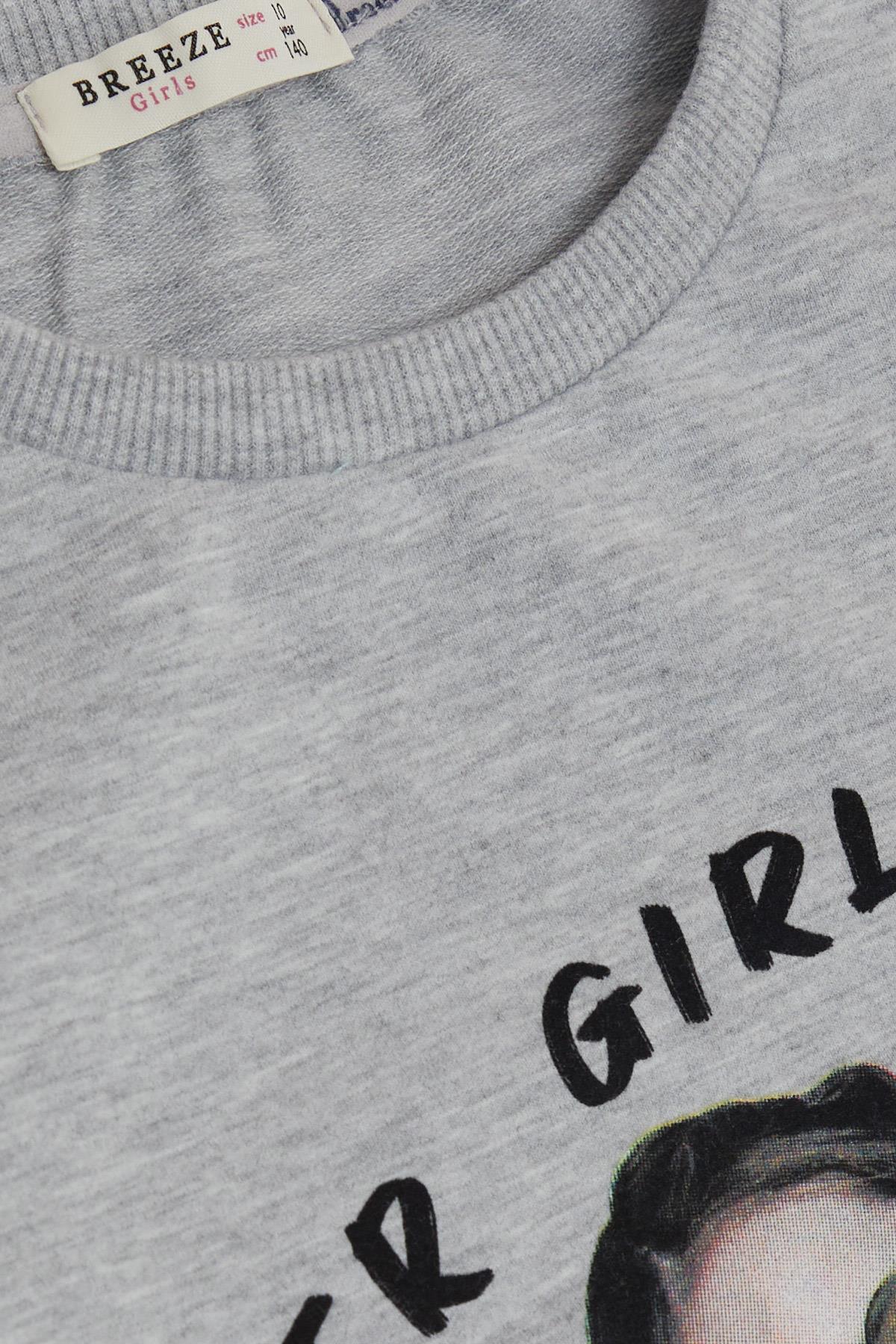 Breeze Kız Çocuk Sweatshirt Harika Kız Yazı Baskılı Çiçekli Gri Melanj (9-14 Yaş)