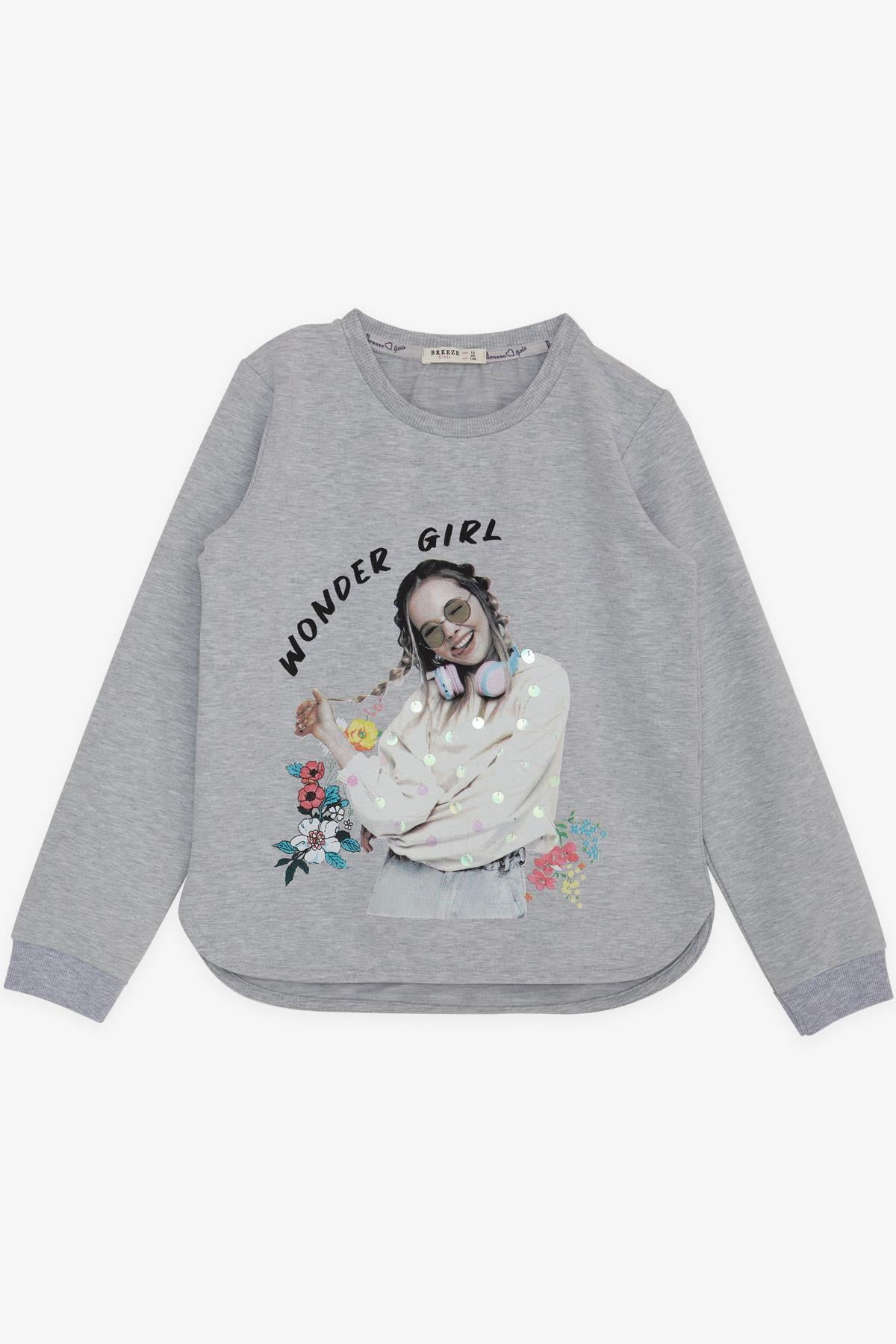 Breeze Kız Çocuk Sweatshirt Harika Kız Yazı Baskılı Çiçekli Gri Melanj (9-14 Yaş)