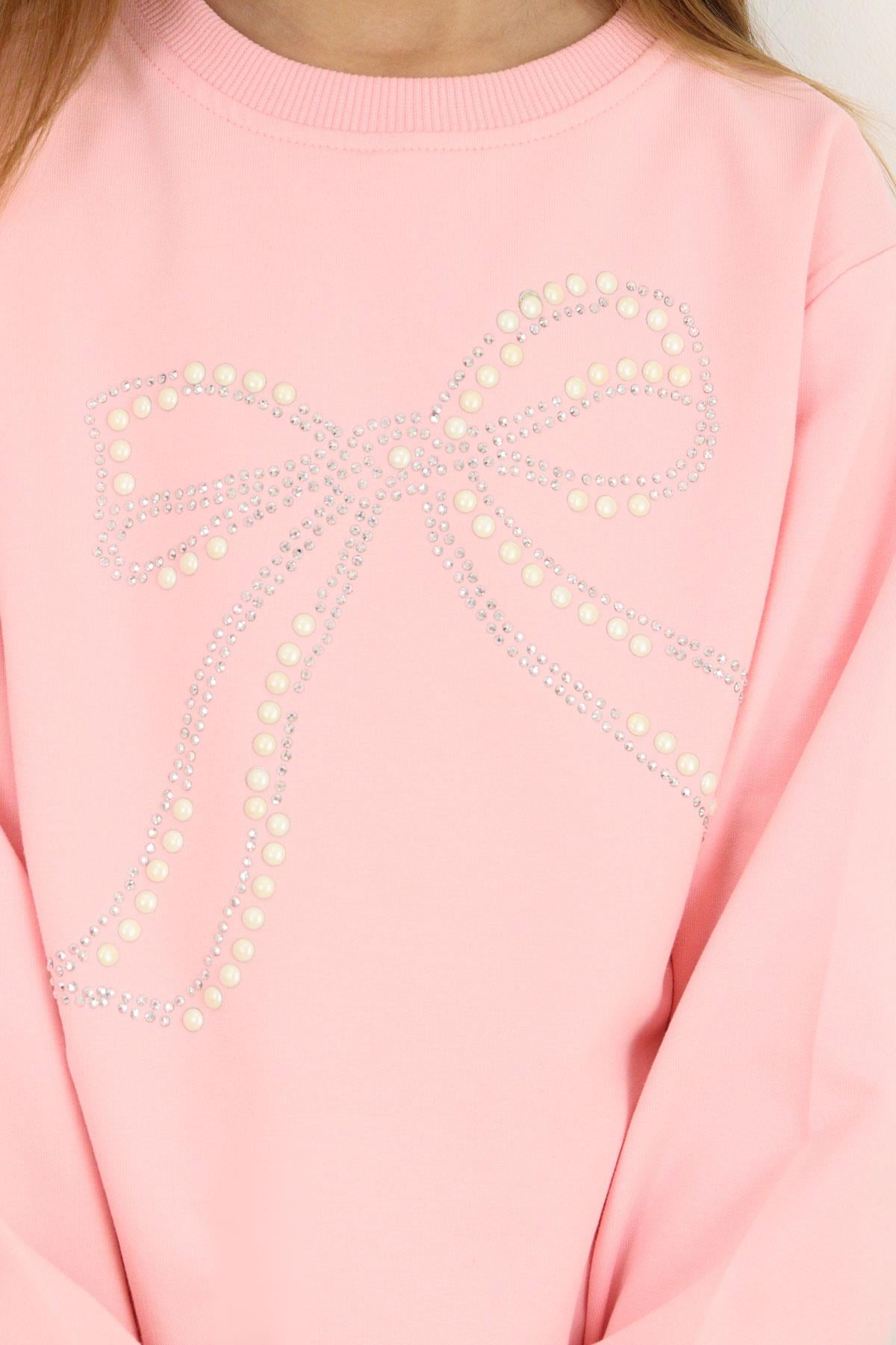 Breeze Kız Çocuk Sweatshirt İnci Taş İşlemeli Pembe (7-12 Yaş)