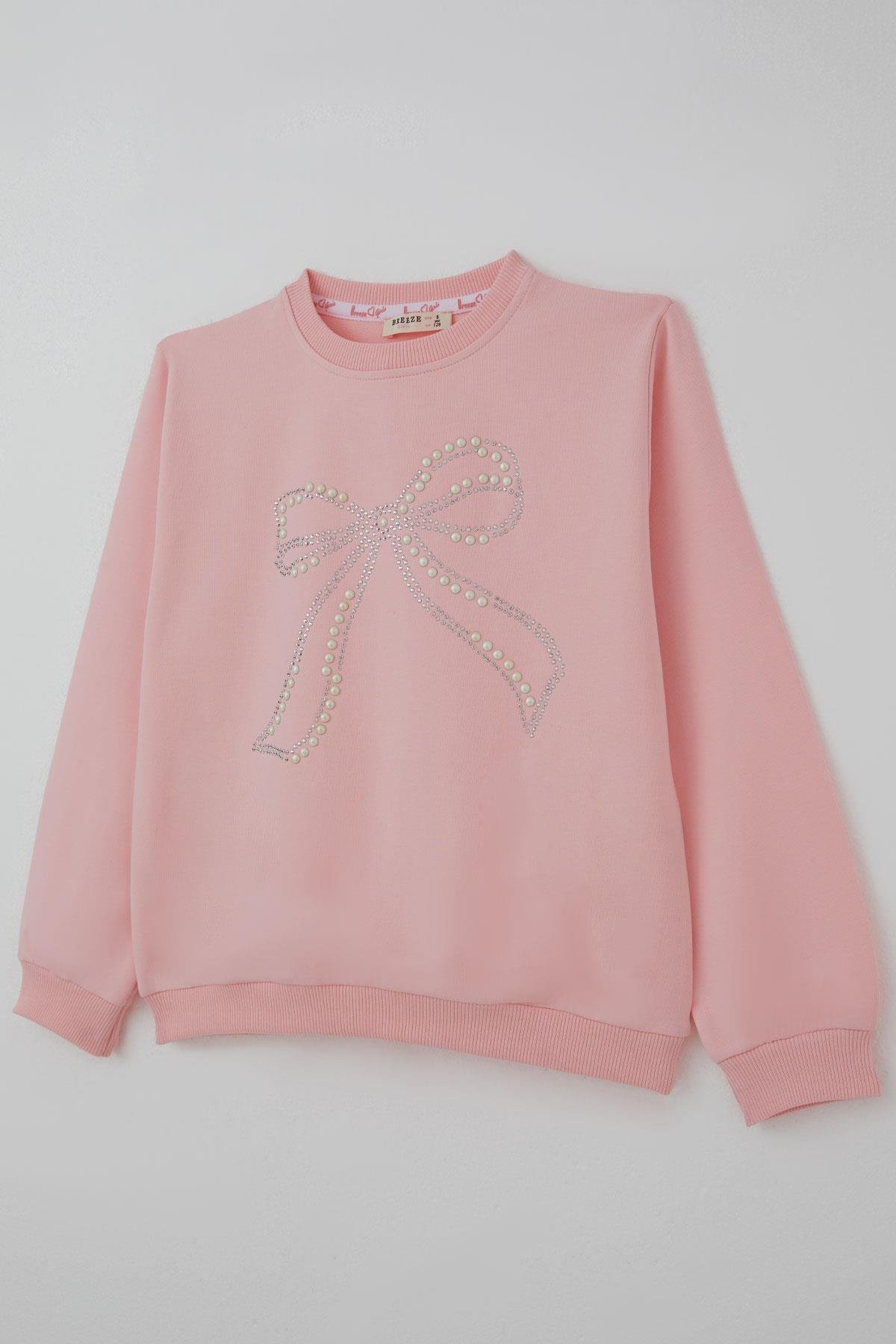 Breeze Kız Çocuk Sweatshirt İnci Taş İşlemeli Pembe (7-12 Yaş)