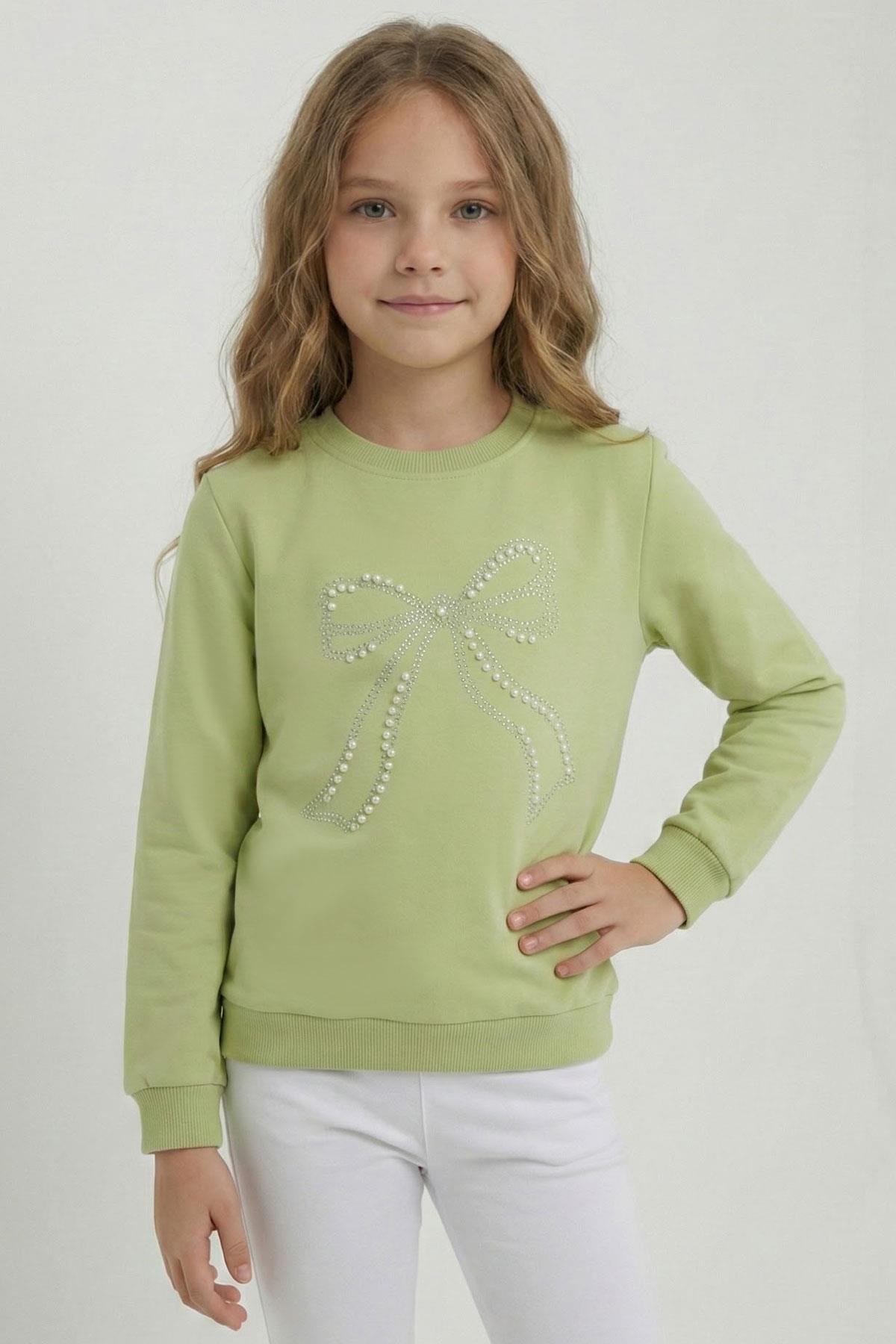 Breeze Kız Çocuk Sweatshirt İnci Taş İşlemeli Fıstık Yeşili (7-12 Yaş)