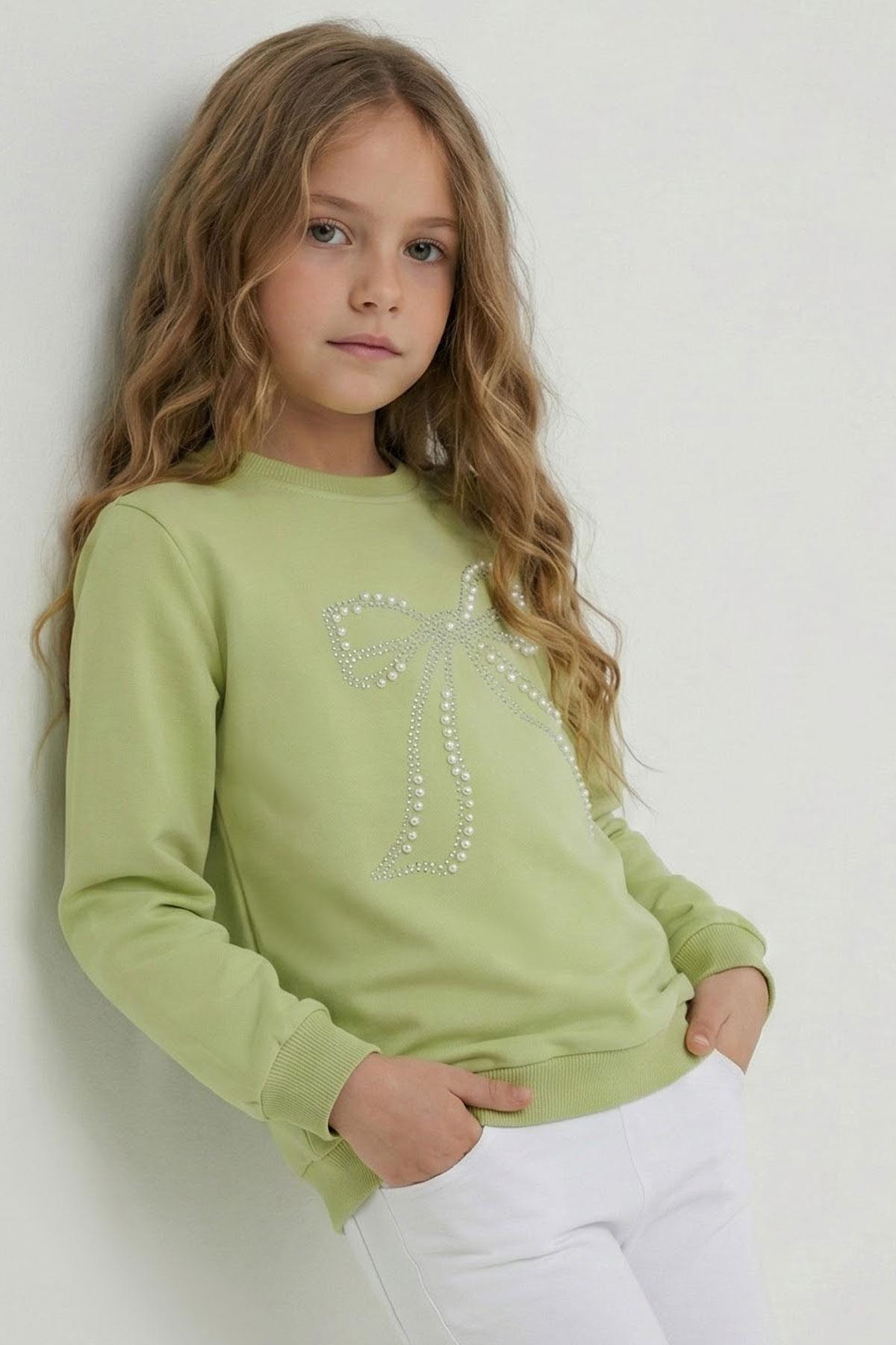 Breeze Kız Çocuk Sweatshirt İnci Taş İşlemeli Fıstık Yeşili (7-12 Yaş)