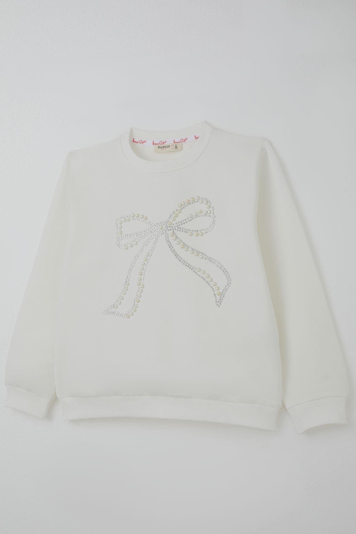 Breeze Kız Çocuk Sweatshirt İnci Taş İşlemeli Ekru (7-12 Yaş)