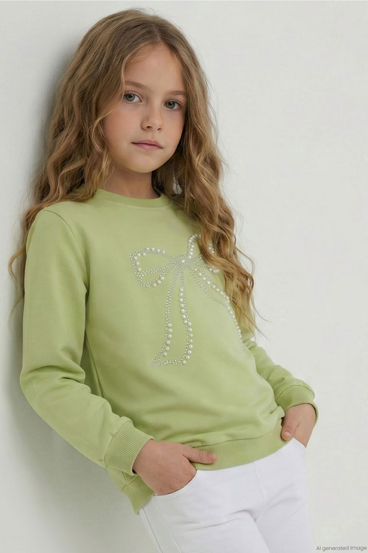 Breeze Kız Çocuk Sweatshirt İnci Taş İşlemeli Fıstık Yeşili (7-12 Yaş)