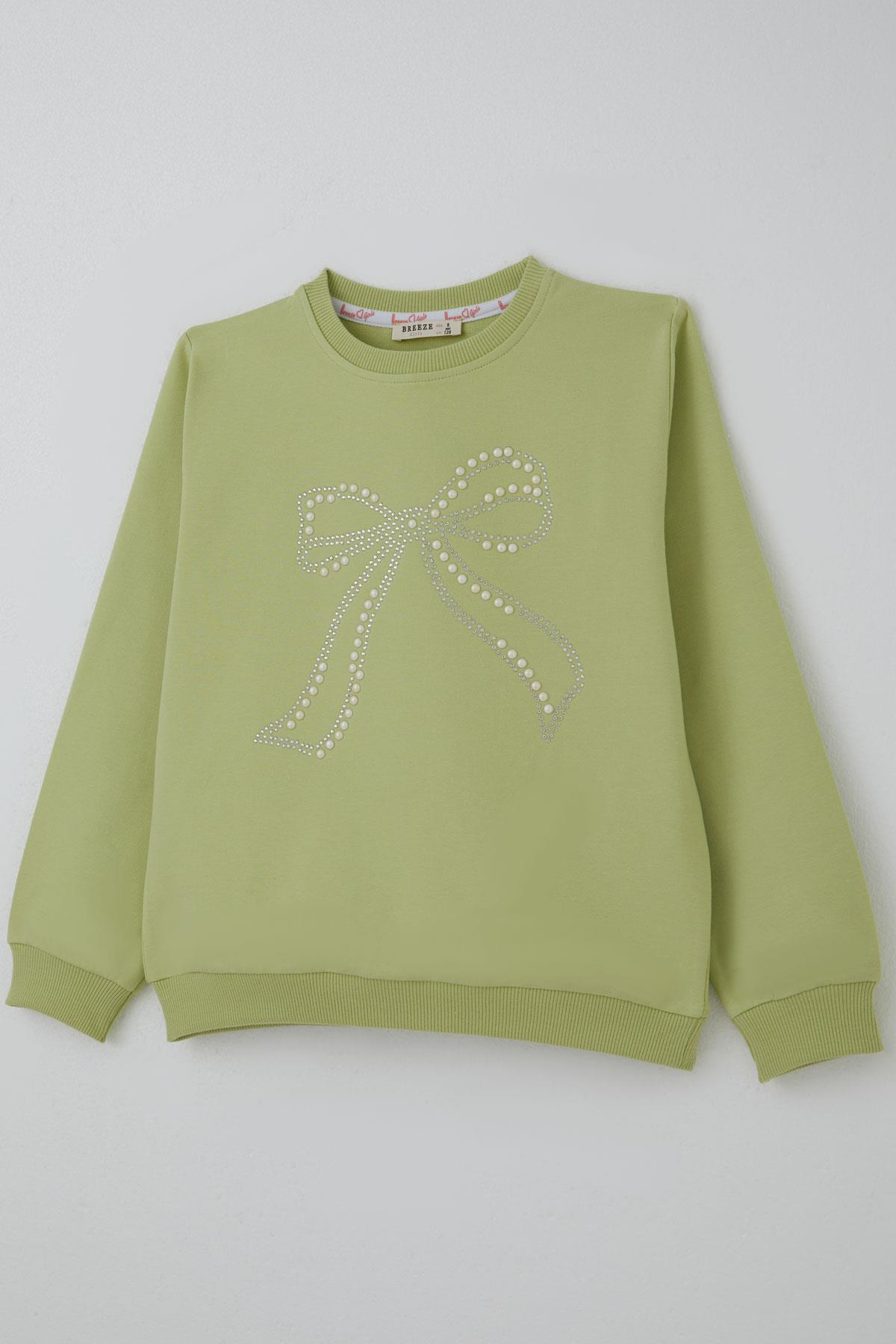 Breeze Kız Çocuk Sweatshirt İnci Taş İşlemeli Fıstık Yeşili (7-12 Yaş)