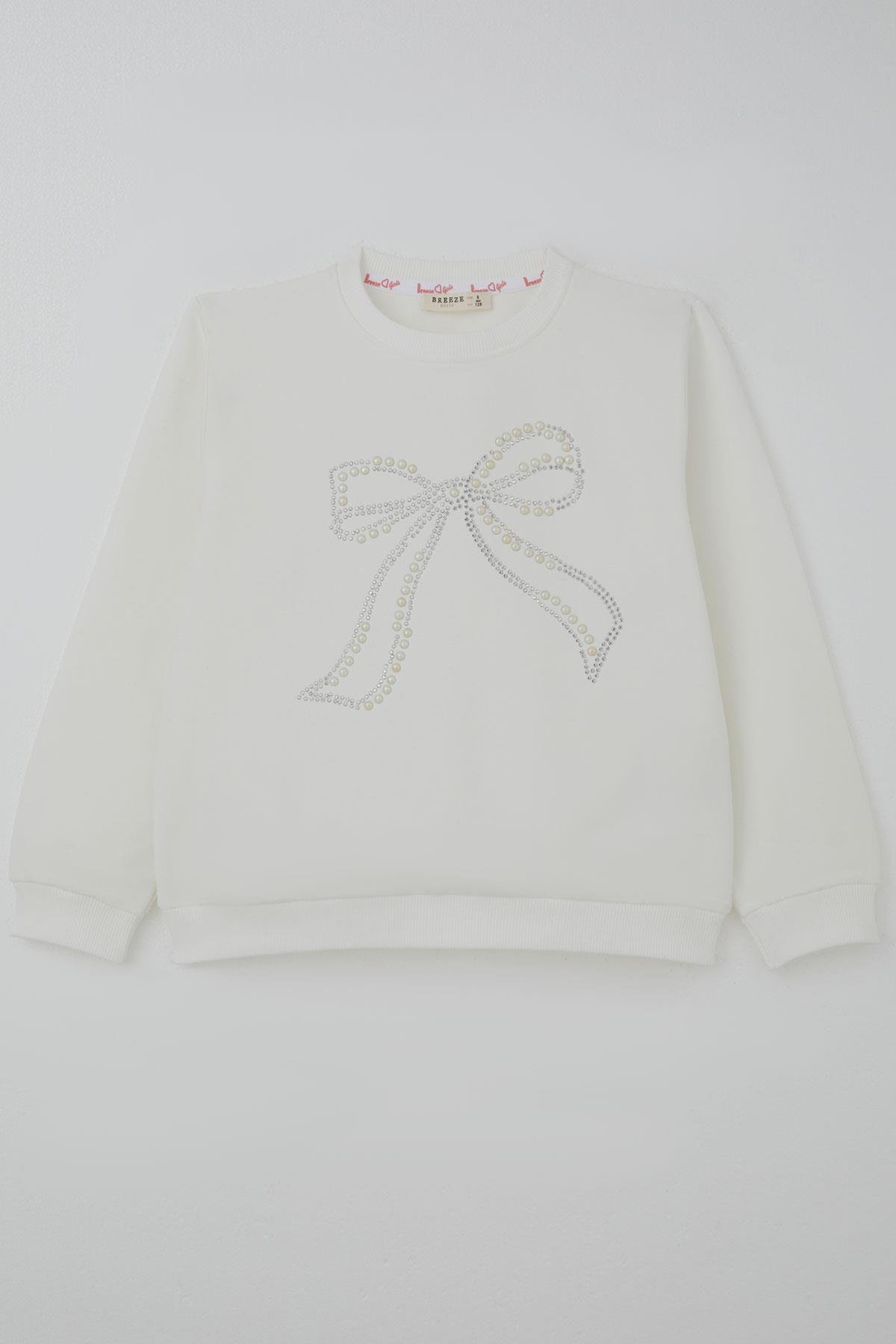 Breeze Kız Çocuk Sweatshirt İnci Taş İşlemeli Ekru (7-12 Yaş)