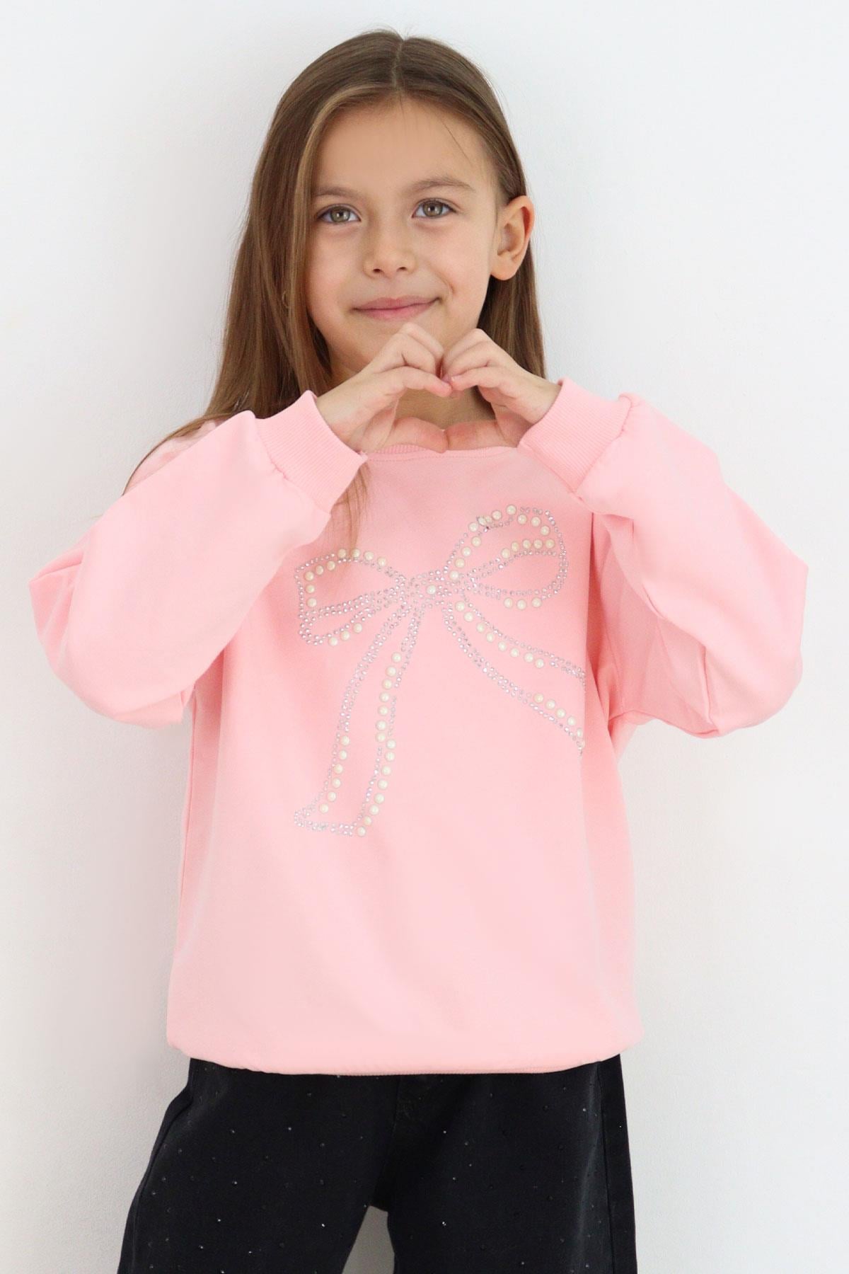 Breeze Kız Çocuk Sweatshirt İnci Taş İşlemeli Pembe (7-12 Yaş)