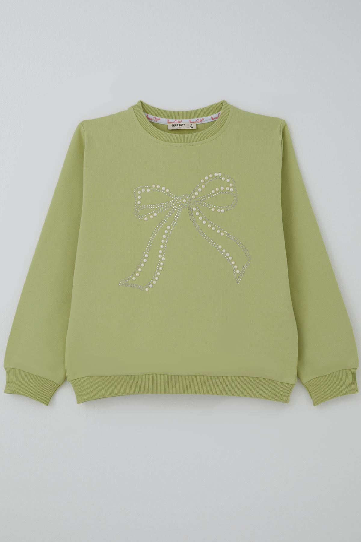 Breeze Kız Çocuk Sweatshirt İnci Taş İşlemeli Fıstık Yeşili (7-12 Yaş)