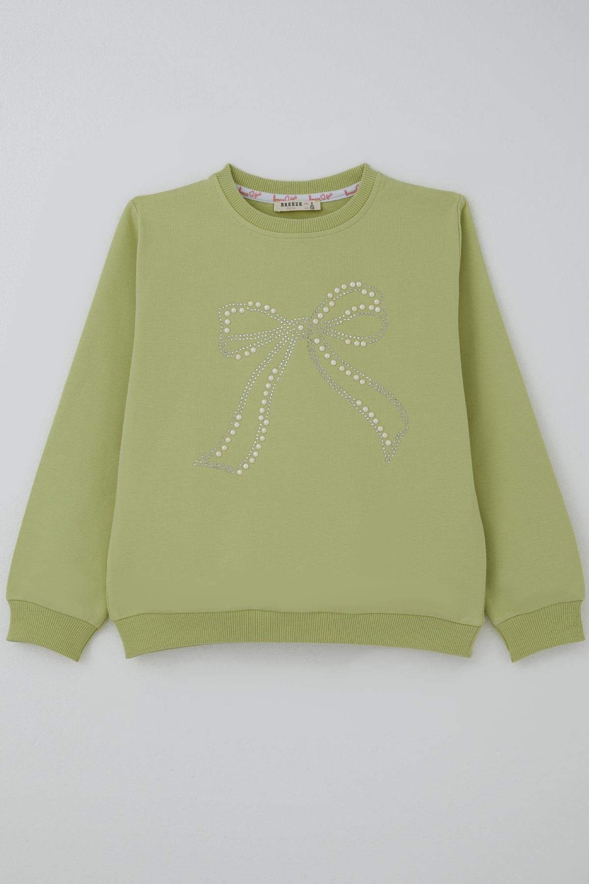 Breeze Kız Çocuk Sweatshirt İnci Taş İşlemeli Fıstık Yeşili (7-12 Yaş)