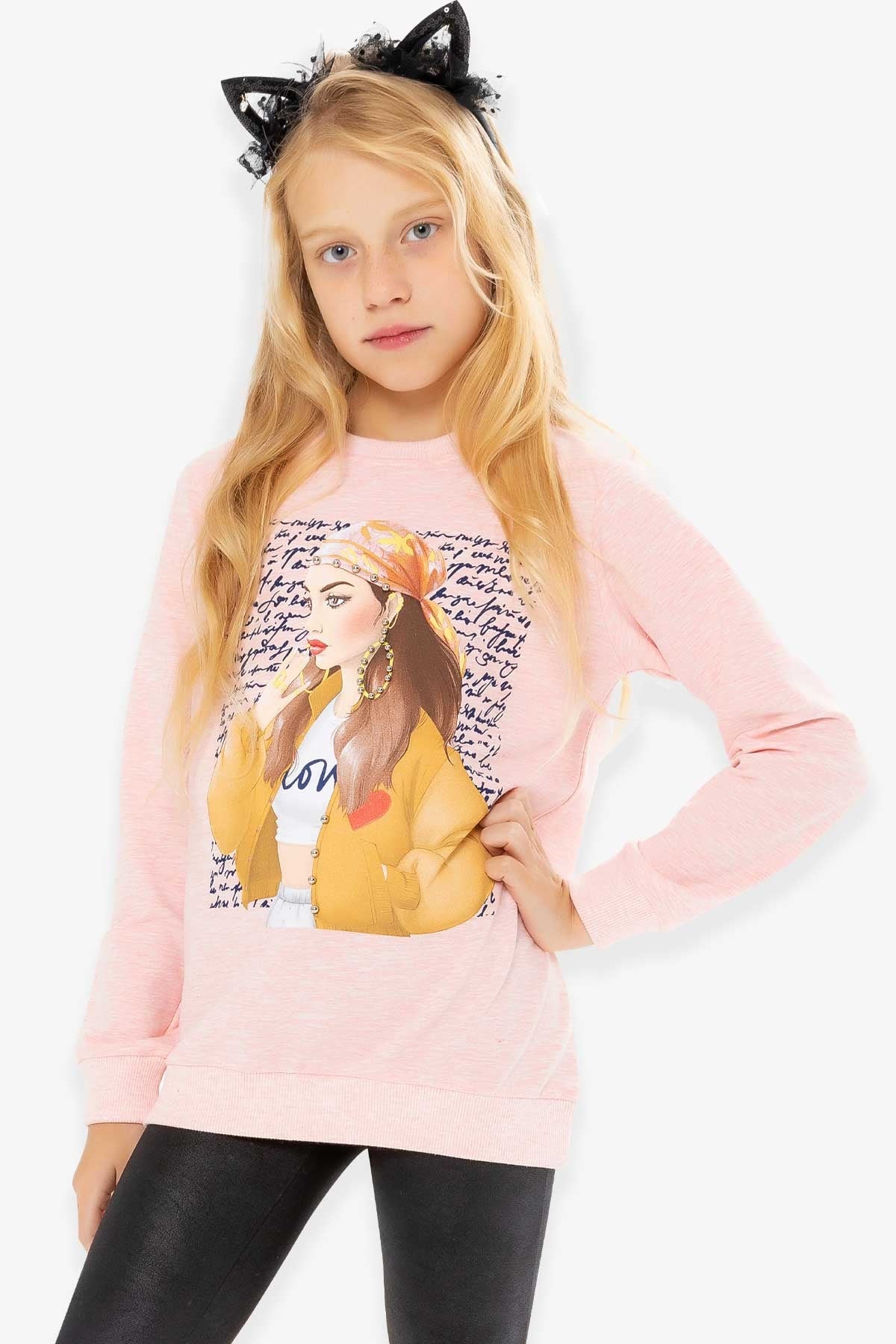 Breeze Kız Çocuk Sweatshirt İncili Baskılı Somon Melanj (10-16 Yaş)