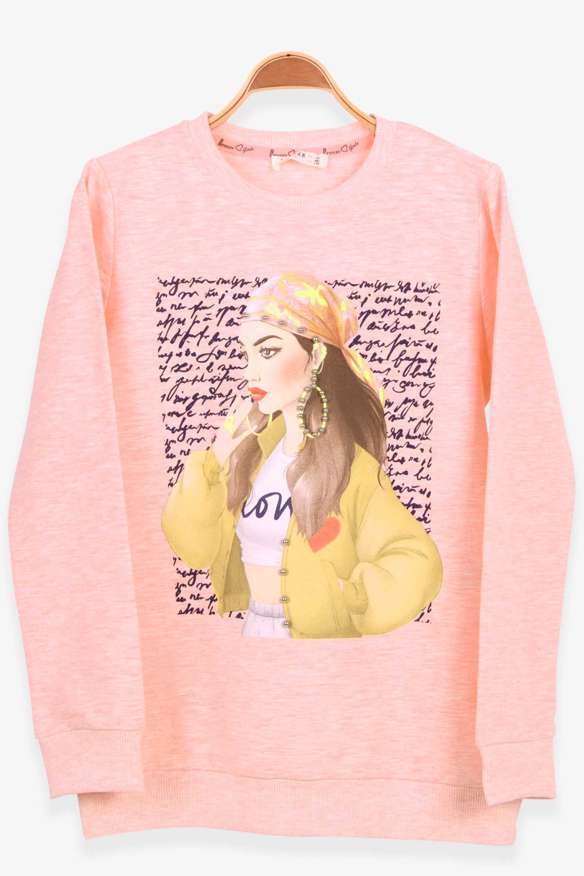 Breeze Kız Çocuk Sweatshirt İncili Baskılı Somon Melanj (10-16 Yaş)