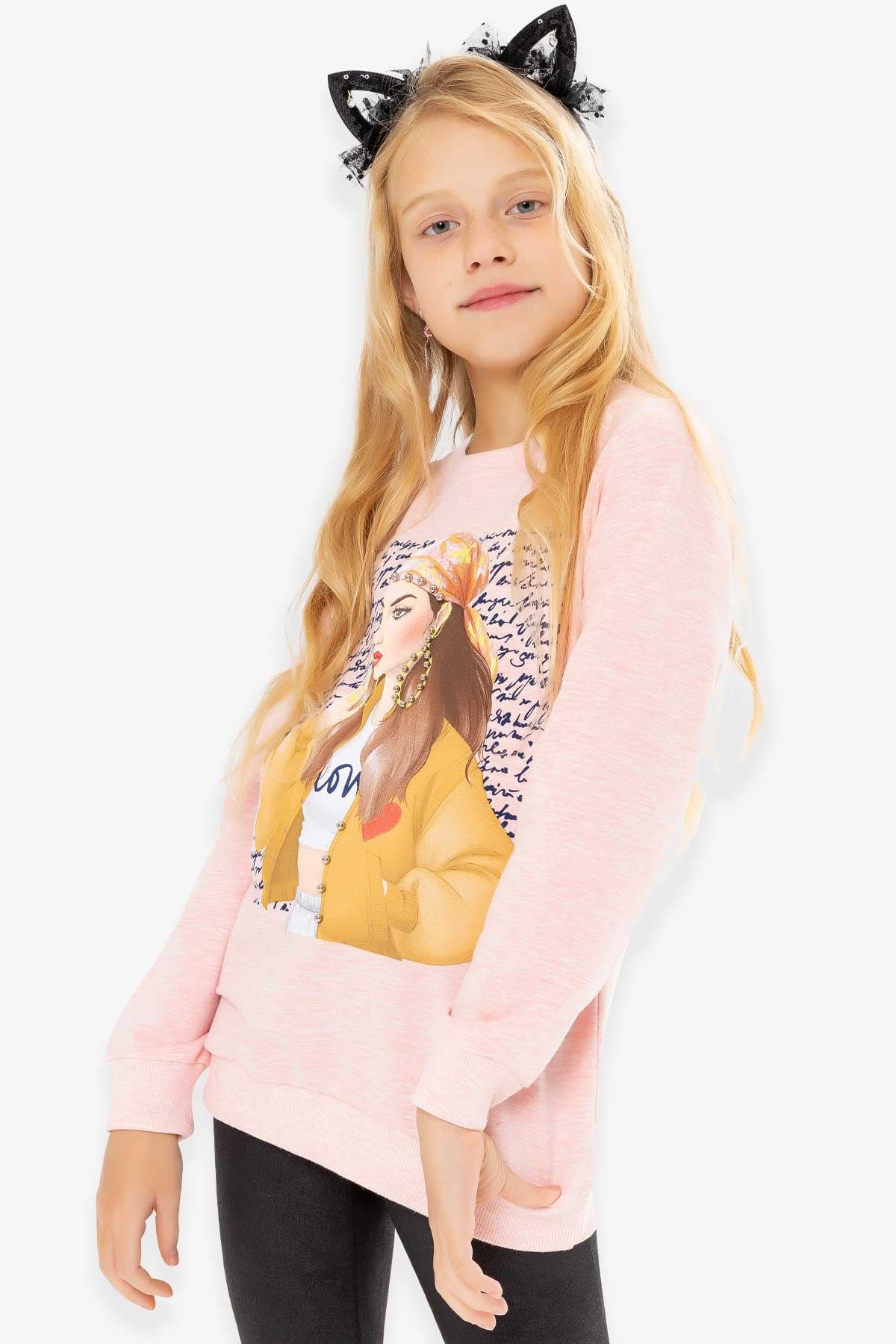 Breeze Kız Çocuk Sweatshirt İncili Baskılı Somon Melanj (10-16 Yaş)