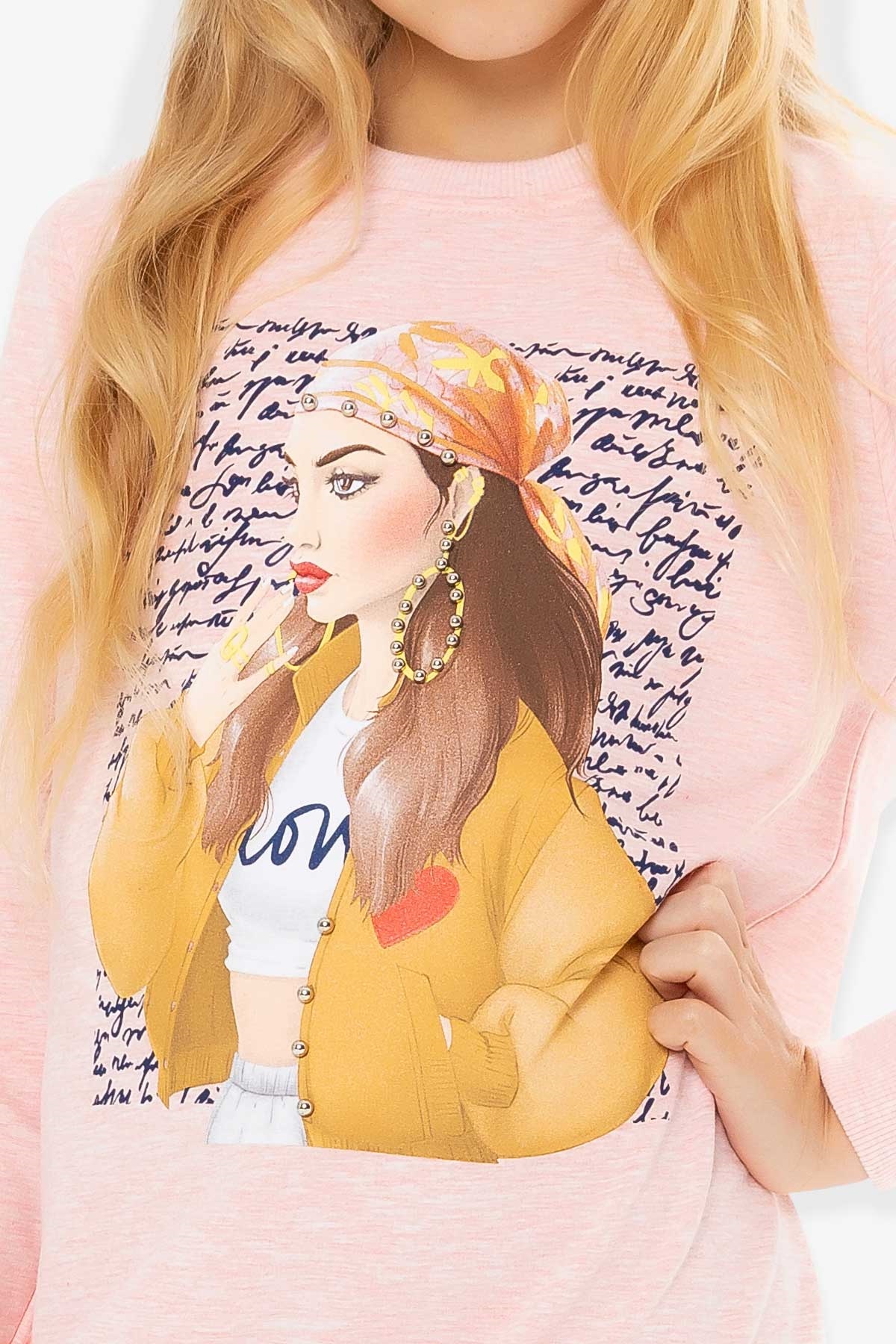 Breeze Kız Çocuk Sweatshirt İncili Baskılı Somon Melanj (10-16 Yaş)