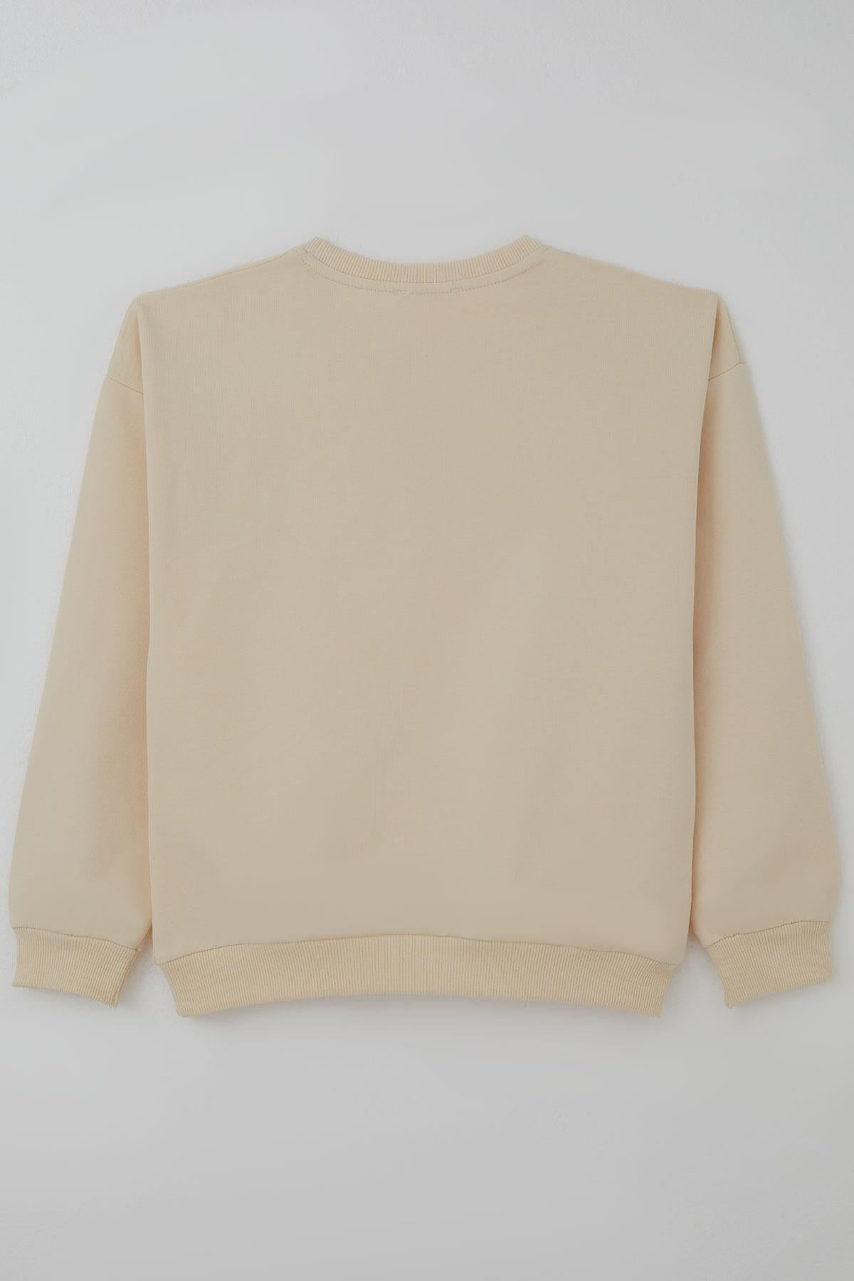 Breeze Kız Çocuk Sweatshirt İncili Çiçek Nakışlı Krem (9-14 Yaş)