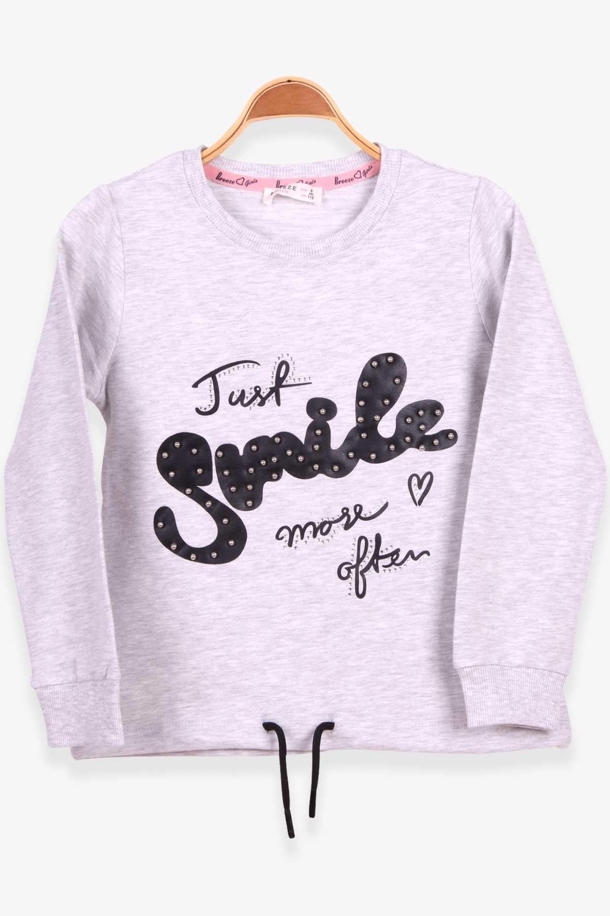 Breeze Kız Çocuk Sweatshirt İncili Taşlı Beli Bağcıklı Gri Melanj (6-12 Yaş)