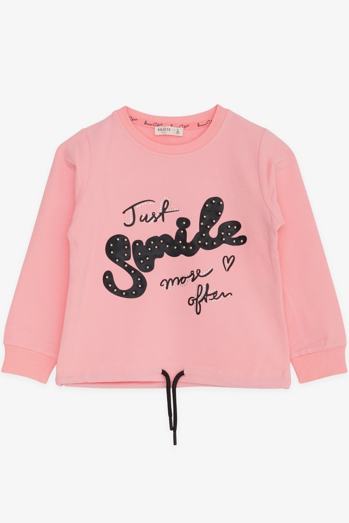 Breeze Kız Çocuk Sweatshirt İncili Taşlı Beli Bağcıklı Pudra (6-12 Yaş)