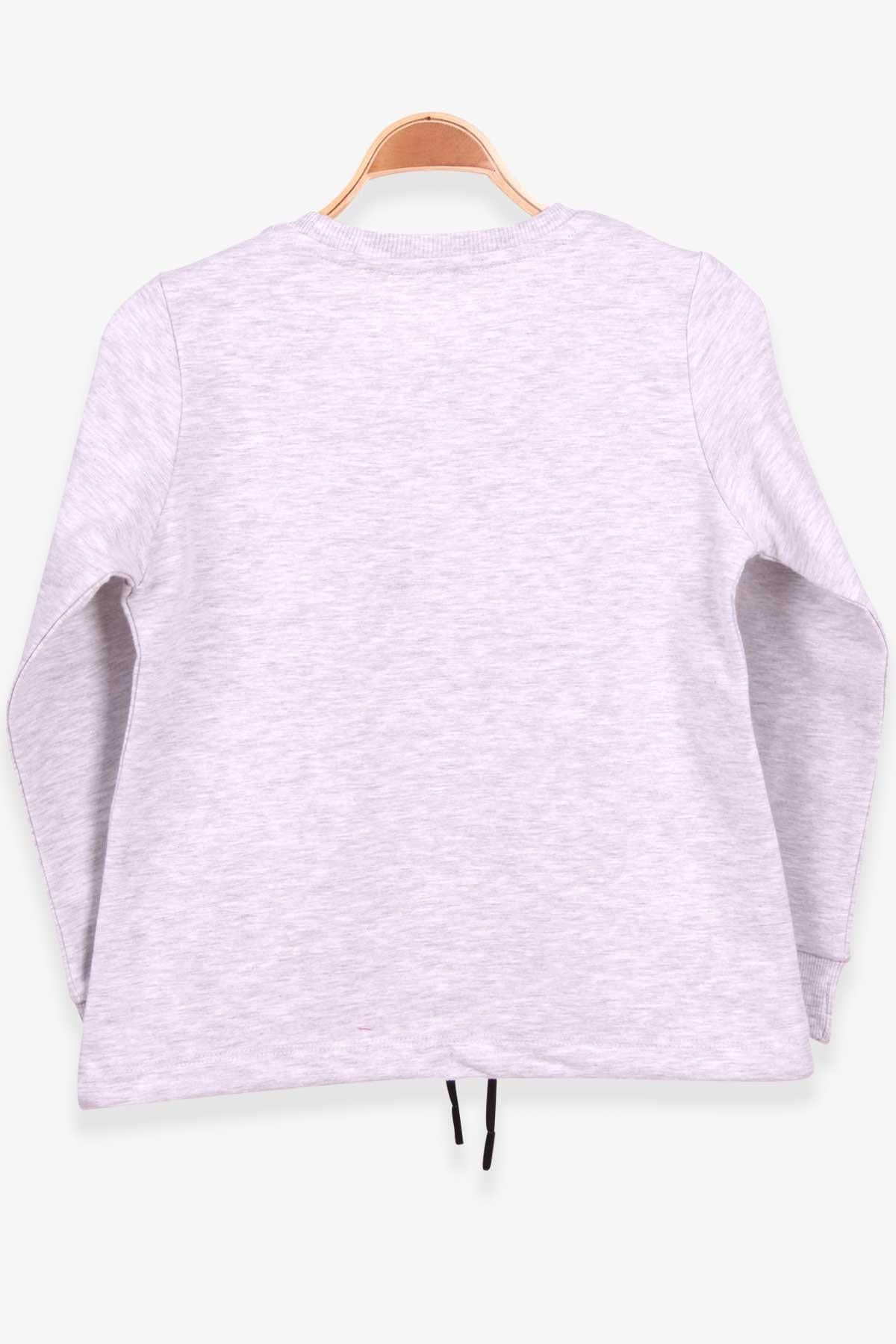Breeze Kız Çocuk Sweatshirt İncili Taşlı Beli Bağcıklı Gri Melanj (6-12 Yaş)