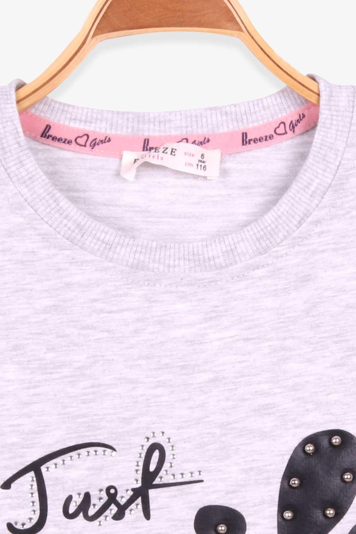 Breeze Kız Çocuk Sweatshirt İncili Taşlı Beli Bağcıklı Gri Melanj (6-12 Yaş)