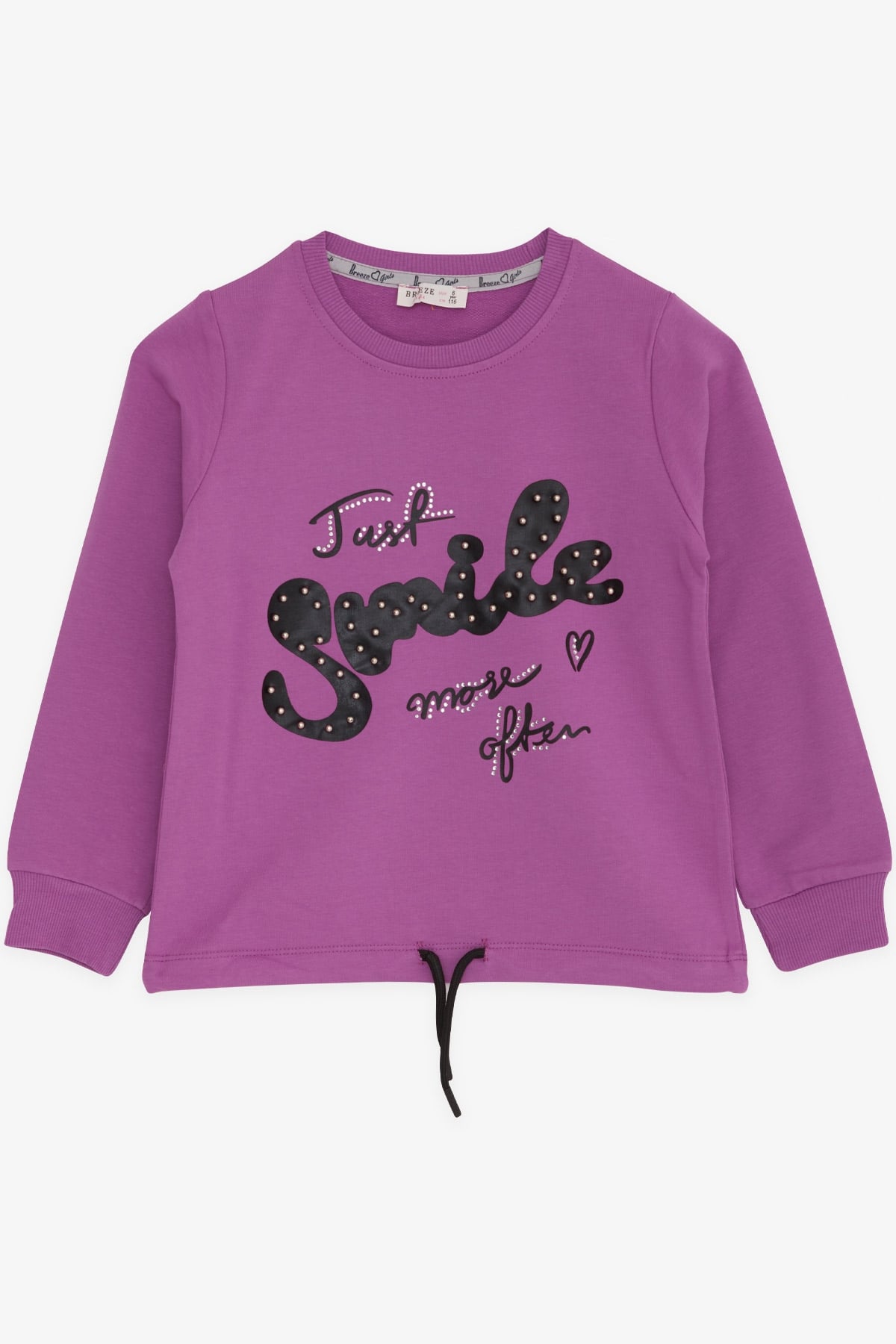Breeze Kız Çocuk Sweatshirt İncili Taşlı Beli Bağcıklı Mor (6-12 Yaş)
